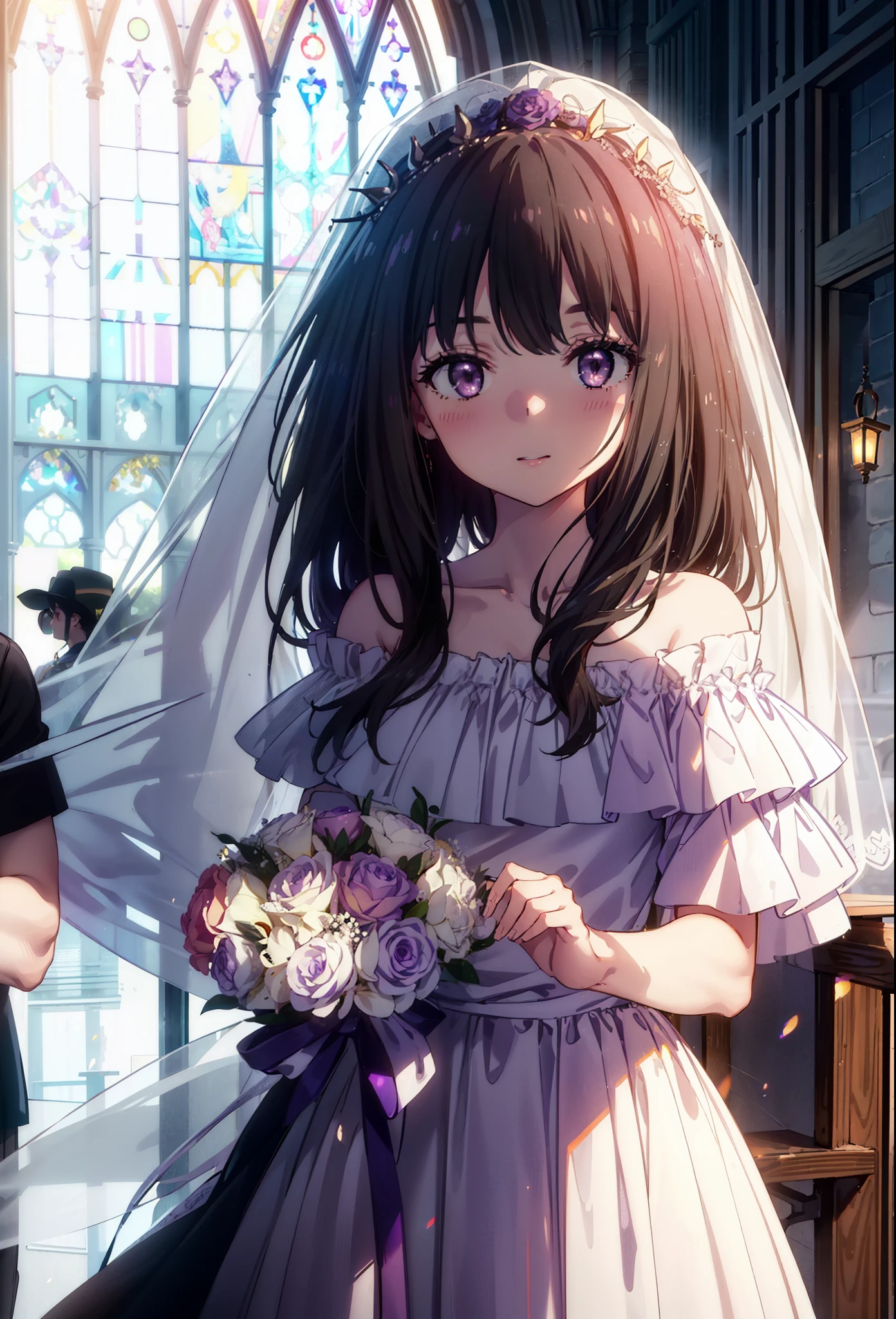 Takiuchikami, Long Hair, bangs, Black Hair, (Purple eyes:1.2),Veil,Off-the-shoulder white wedding dress,necklace,Veil,White Wedding Long Skirt,holding a bouquet of flowers in both hands,smile,blush,It's like being completely immersed in an illustration.,Daytime,sunny,
break indoors, Chapel,church,
break looking at viewer, Upper Body,(Cowboy Shot:1.5),
break (masterpiece:1.2), Highest quality, High resolution, unity 8k wallpaper, (shape:0.8), (Beautiful attention to detail:1.6), Highly detailed face, Perfect lighting, Highly detailed CG, (Perfect hands, Perfect Anatomy),