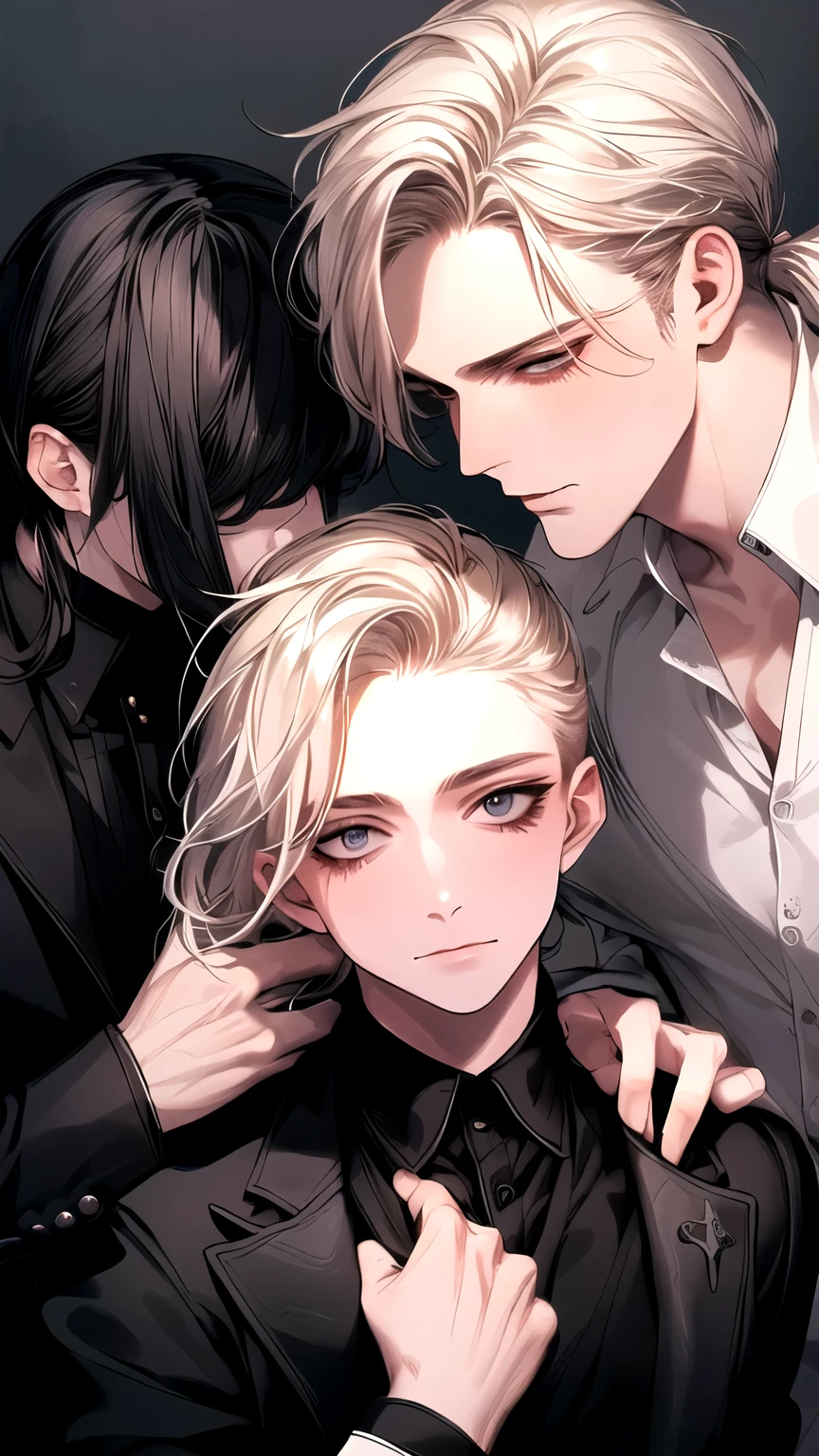 (Masterpiece), (High Quality), Very detailed, (( Threesome guy)), Perfect Face, Beautiful Face, Very detail, (short Black-haired man), (long ponytail blonde-haired man), (mid dark-haired man)、white shirt, open shirt and black suit, chocolate, long eyelashes, shining, effection, open shirt, teased,