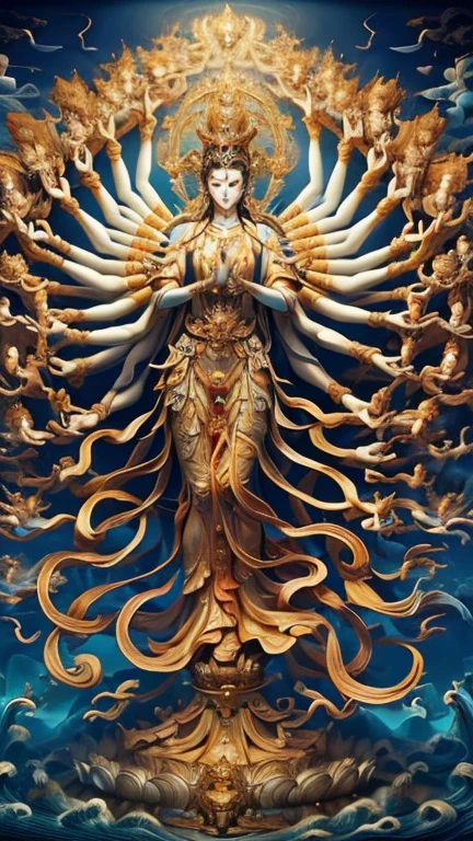 masterpiece,The best quality in the best condition,Ultra-high resolution,8k wallpaper,Actual,wonderful,(Realistically:1.4),1. Giantess,whole body，Thousand-Armed Kannon, Sacred Lighting, Light blue statue ，Body made of water，Android，Countless celestial maidens dance in the sky，Eternal music flows