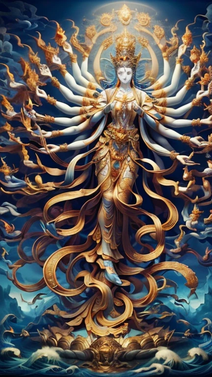 masterpiece,The best quality in the best condition,Ultra-high resolution,8k wallpaper,Actual,wonderful,(Realistically:1.4),1. Giantess,whole body,Thousand-Armed Kannon, Sacred Lighting, Light blue statue ,Body made of water,Android,Countless celestial maidens dance in the sky,Eternal music flows