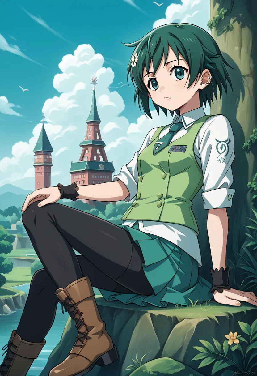 anime girl sitting on a rock looking at the sky,a sky piercing tower far far away, makoto shinkai cyril rolando, anime art wallpaper 4 k, anime art wallpaper 4k, cyril rolando and goro fujita, anime art wallpaper 8 k, 4k anime wallpaper, anime wallpaper 4 k, anime wallpaper 4k, ( ( makoto shinkai ) ), makoto shinkai!