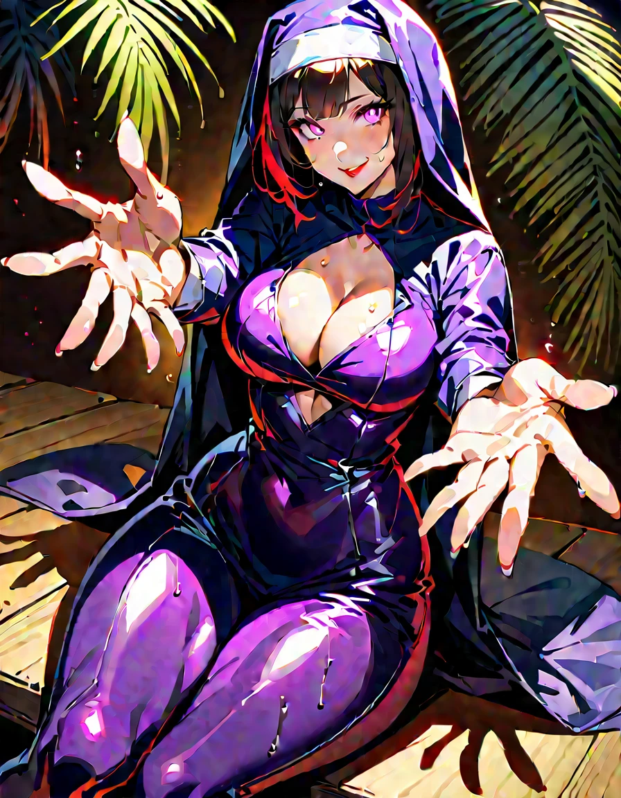 Young and beautiful woman,(Highest quality,Extremely detailed depiction,Incredible high resolution,Anatomically accurate depiction,Curvy Legs,Nice hands,Perfect Fingers),(Glowing Skin,Oilskin),(Nuns,複雑な光沢のあるNunsの服,long handbag),eyelash,(Intense glowing purple eyes,Crazy Eyes,There is cleavage in the chest,Captivating smile,Glossy Red Lips,A pose where both hands are extended towards the screen,palm),Sweat,whole body,Sitting,Focus on hand:1.5