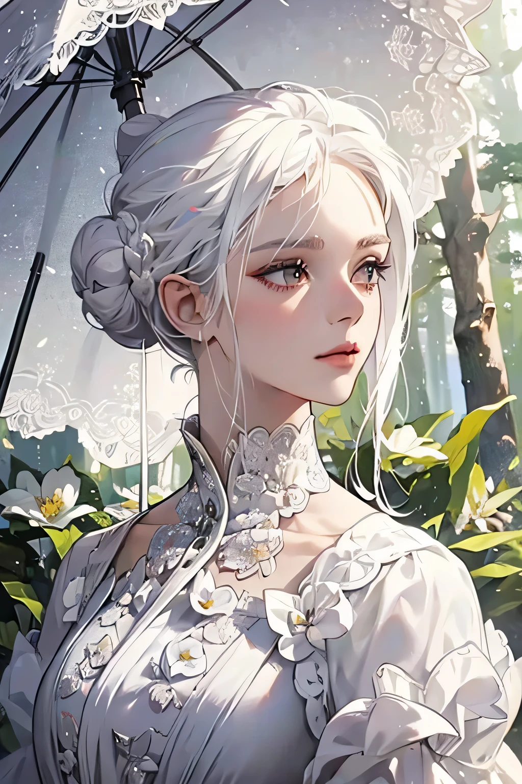 woman, portrait, elegant, In a long white dress, with an umbrella in hand, (((White hair, Gathered in a bun))), flowers in the girl's hair, ((Forest in the background)), Forest Theme, detailed face, Best quality