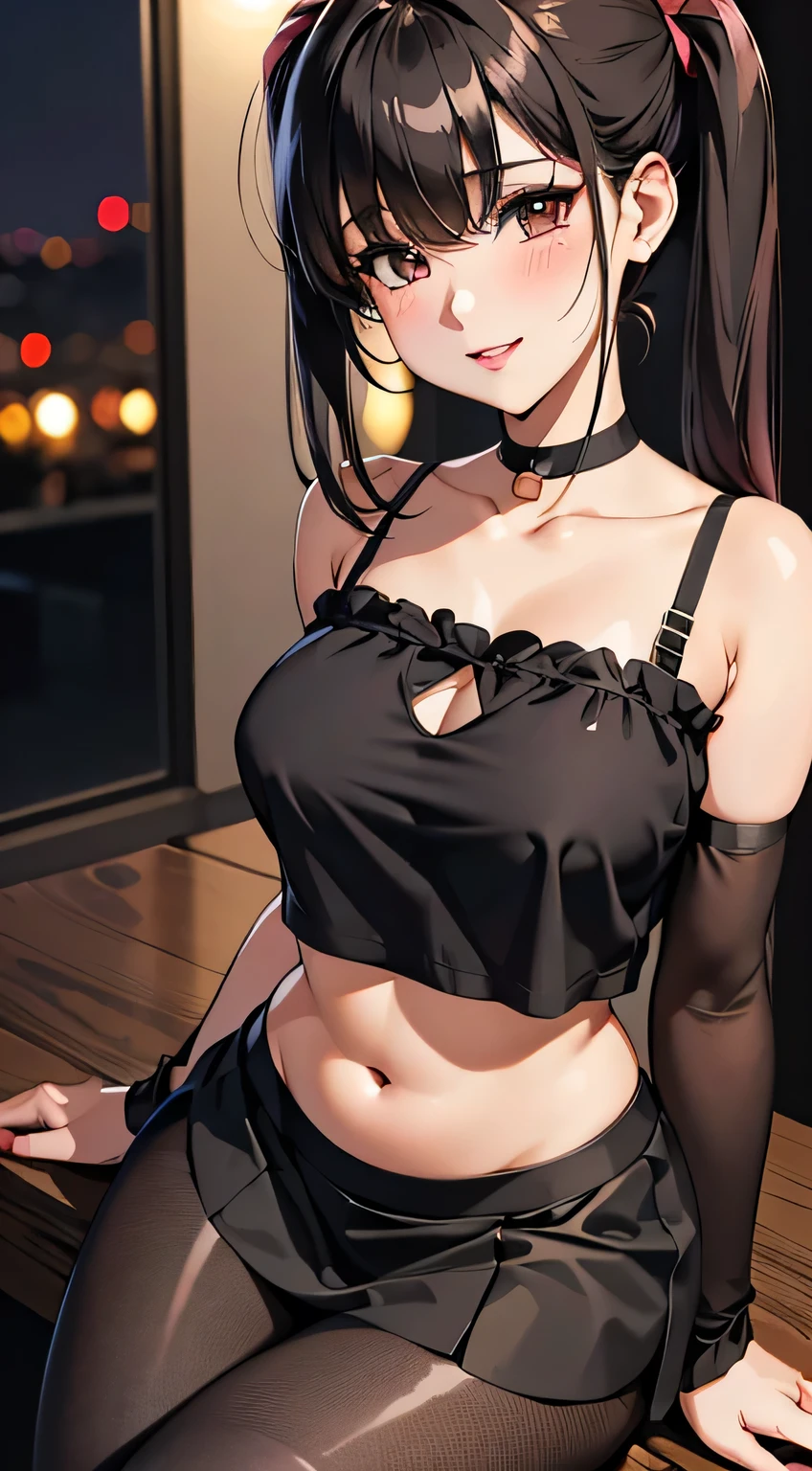 Amazing portrait of a woman who is 30 years old and an adult and a sexy and cute woman with black hair in two pigtails with a beautiful and plump face with seductive brown eyes and medium nose with a deep pink blush and glossy red lips smiling with a long neck and visible collarbone wearing a tight red t crop top showcasing her midriff and abs and a black skirt with black fishnet leggings sitting on a table in an intimate moment during night time with soft lighting showcasing her red lips and her beautiful face in detail and close up