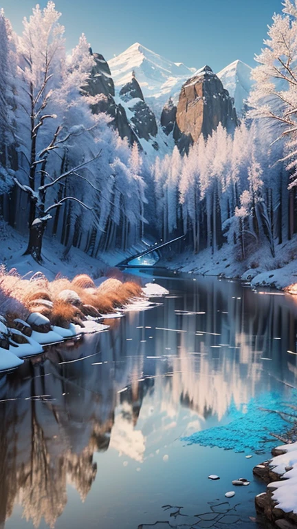 winter. Valley, Mountains, River, forests, fields. (masterpiece, top quality, Best quality, official art, beautiful and aesthetically pleasing:1.2), extremely detailed,(fractal art:1.2),colorful,The most detailed, (Many colors:1.4). ((split. elegance. photorealism. unreal engine. 3D model. Ultra high quality textures. high detail. permission 8k))