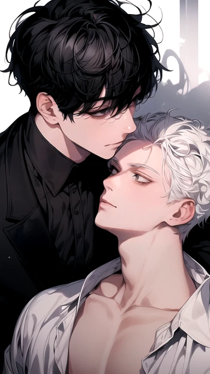 (Masterpiece), (High Quality), Very detailed, (( a couple guy)), Perfect Face, Beautiful Face, Very detail, (short Black-haired man), (mid white-haired man)、white shirt, open shirt and black suit, chocolate, long eyelashes, shining, effection, open shirt, teased, 
