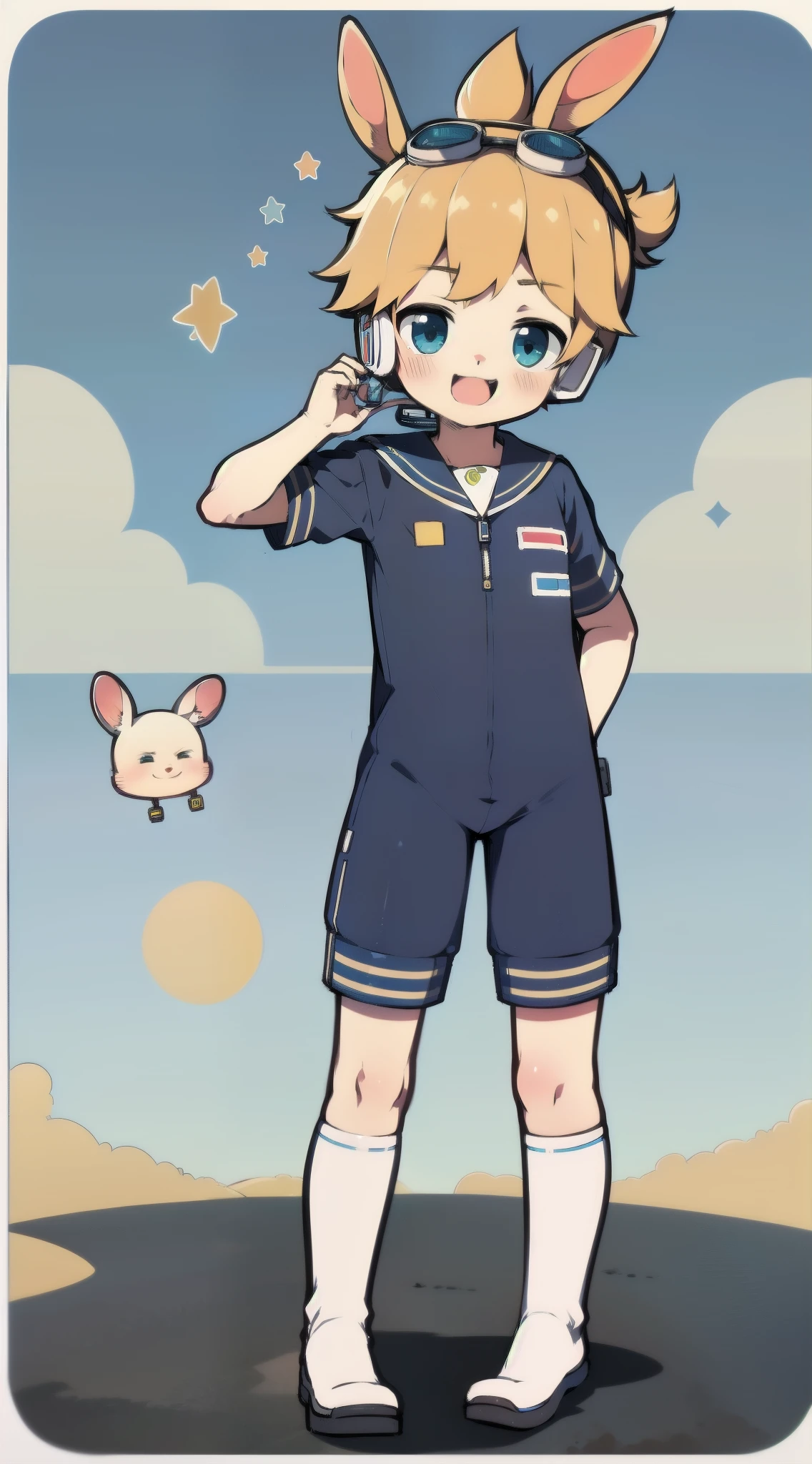 2D Boy Shota，One-piece suit，Slim, healthy body，Put the headphones on your head，stand up，goggles，Rabbit ears，Happy，Sailor collar，stocking，charming，Akimbo