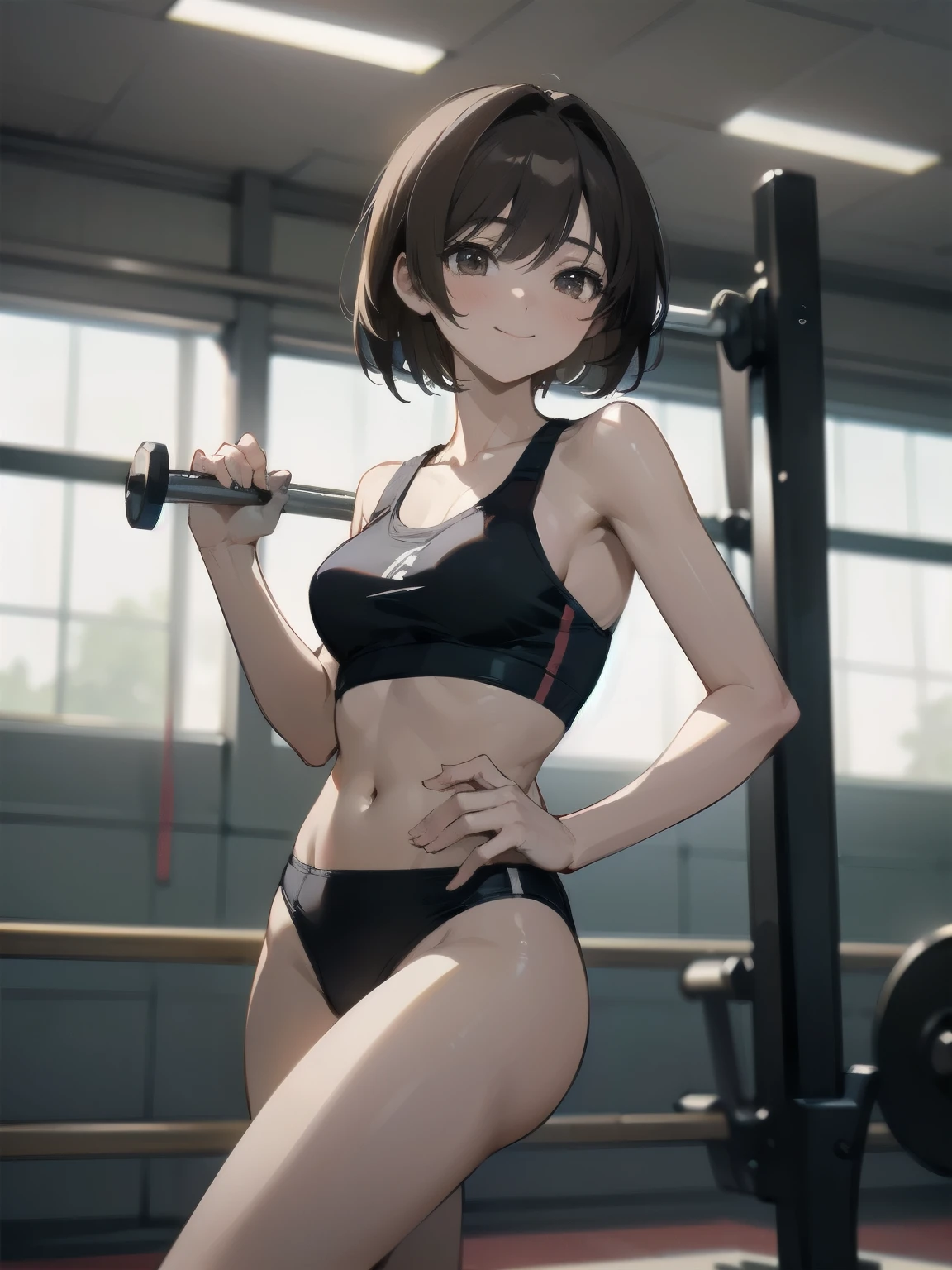 Extremely detailed CG, Unity, 8k wallpaper, Highest quality, Very detailed, masterpiece, Too Beautiful Girl, Great body, Short Hair, Brown Hair, Shiny, Black and white athletic bra, Black and white underwear, High leg cut, white sports shoes, smile, Training Gym