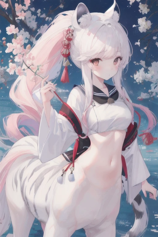 (best quality, masterpiece), 1 girl, centaur, I beg, White skin, Japanese schoolgirl, ,black pink, exposing the abdomen, beautiful girl perfect, White tiger photo, 완벽한 White tiger photo