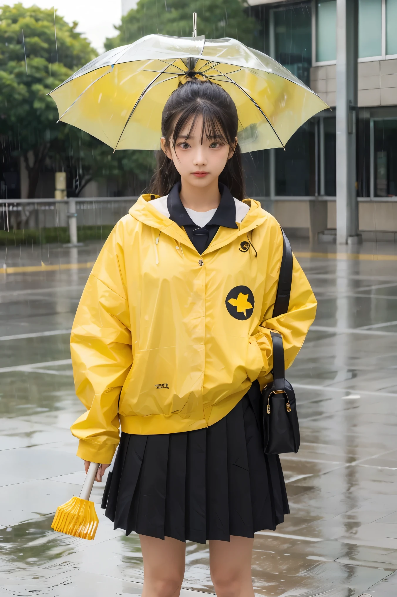 (((1 girl))), ((((alone)))), ((Messy Hairstyle)), Standing and taking pictures, (((I have black hair)), conjunctivitis, Korean school girl, holding yellow an umbrella, rainy day