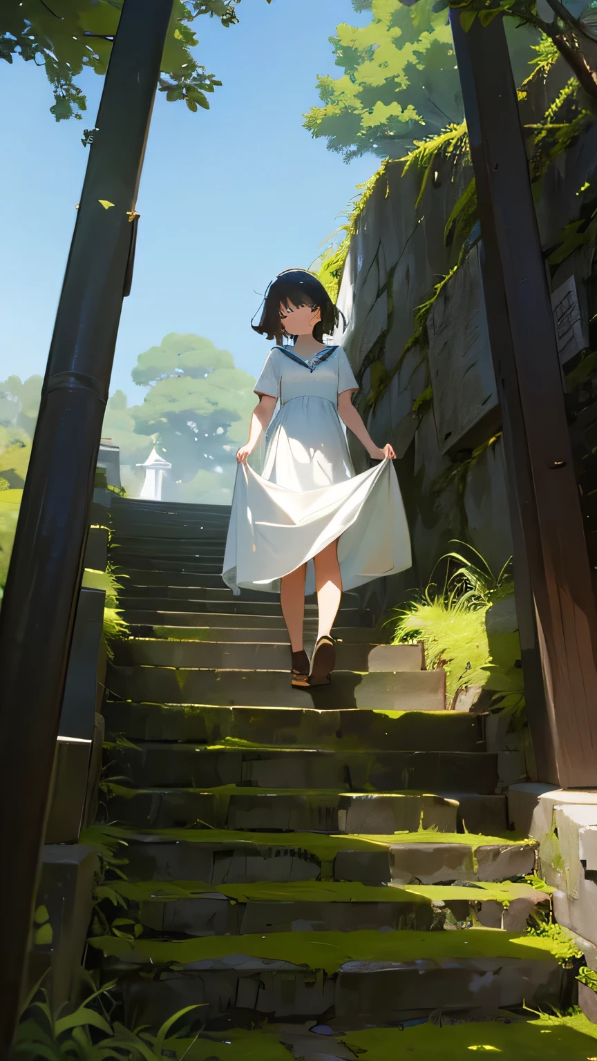 A woman climbing moss-covered stairs、White dress、blue sky