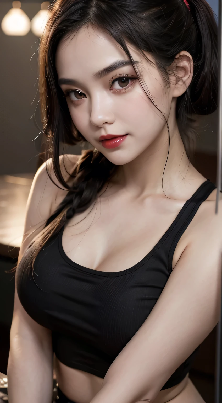 Amazing portrait of a woman who is 30 years old and an adult and a sexy and cute woman with black hair in two pigtails with a beautiful and plump face with seductive brown eyes and medium nose with a deep pink blush and glossy red lips smiling with a long neck and visible collarbone wearing a tight red t crop top showcasing her midriff and abs and a black skirt with black fishnet leggings sitting on a table in an intimate moment during night time with soft lighting showcasing her red lips and her beautiful face in detail and close up