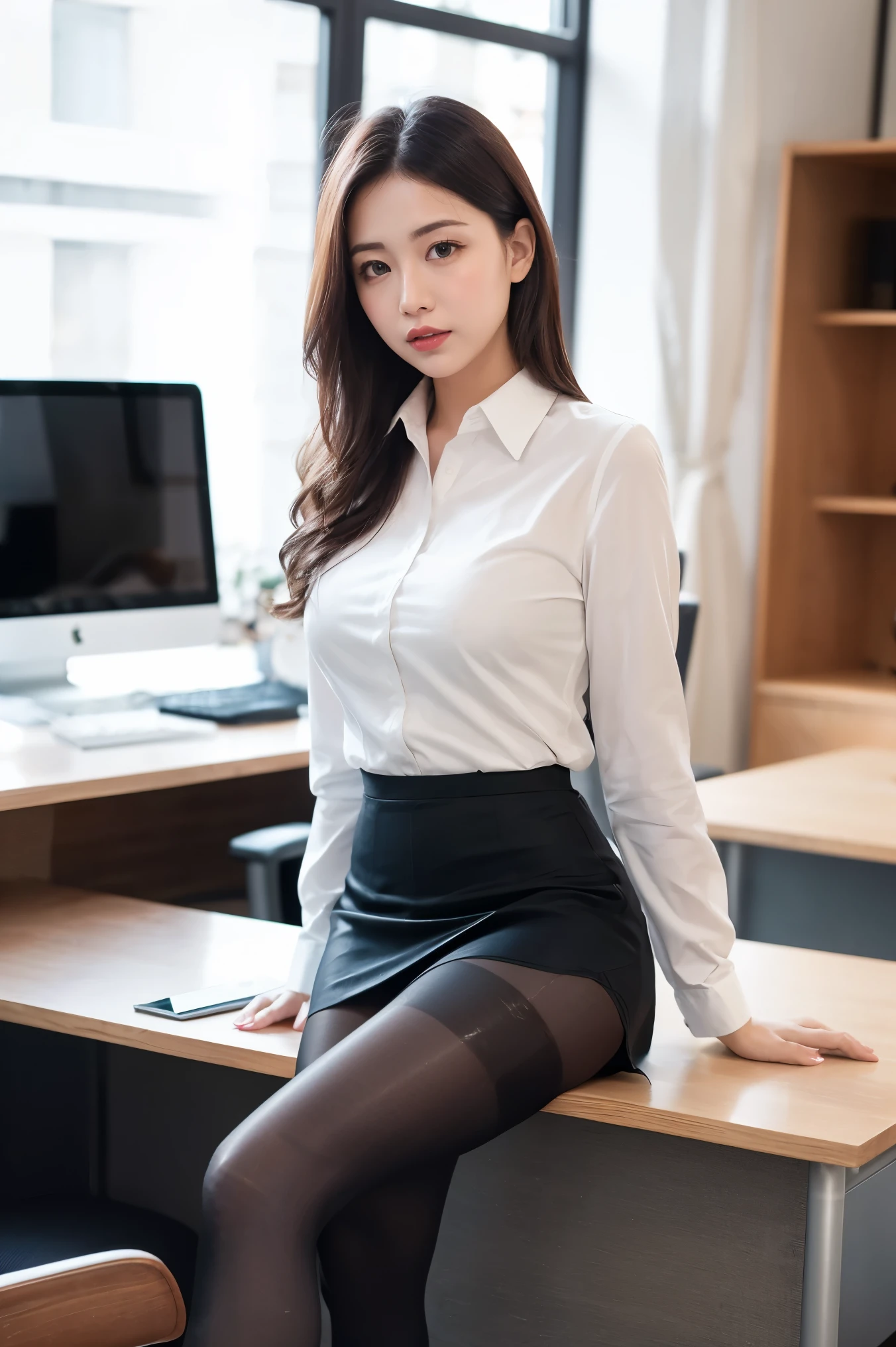 Astonishingly beautiful girl、Working in the office、(Business Fashion, flare skirt)、(Ultra-realistic pantyhose:1.3)、A sulky expression、((Bare thighs))