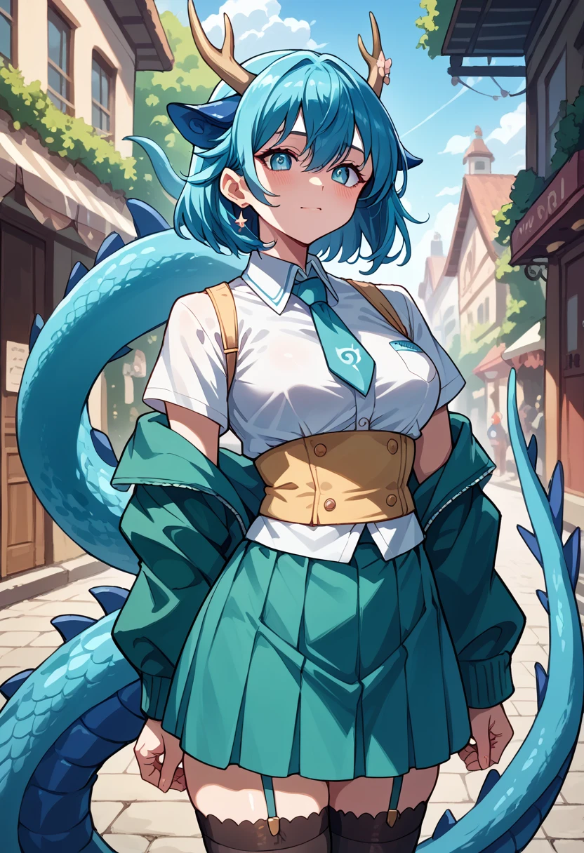 A blue dragon girl smiles with a lot of stones. 