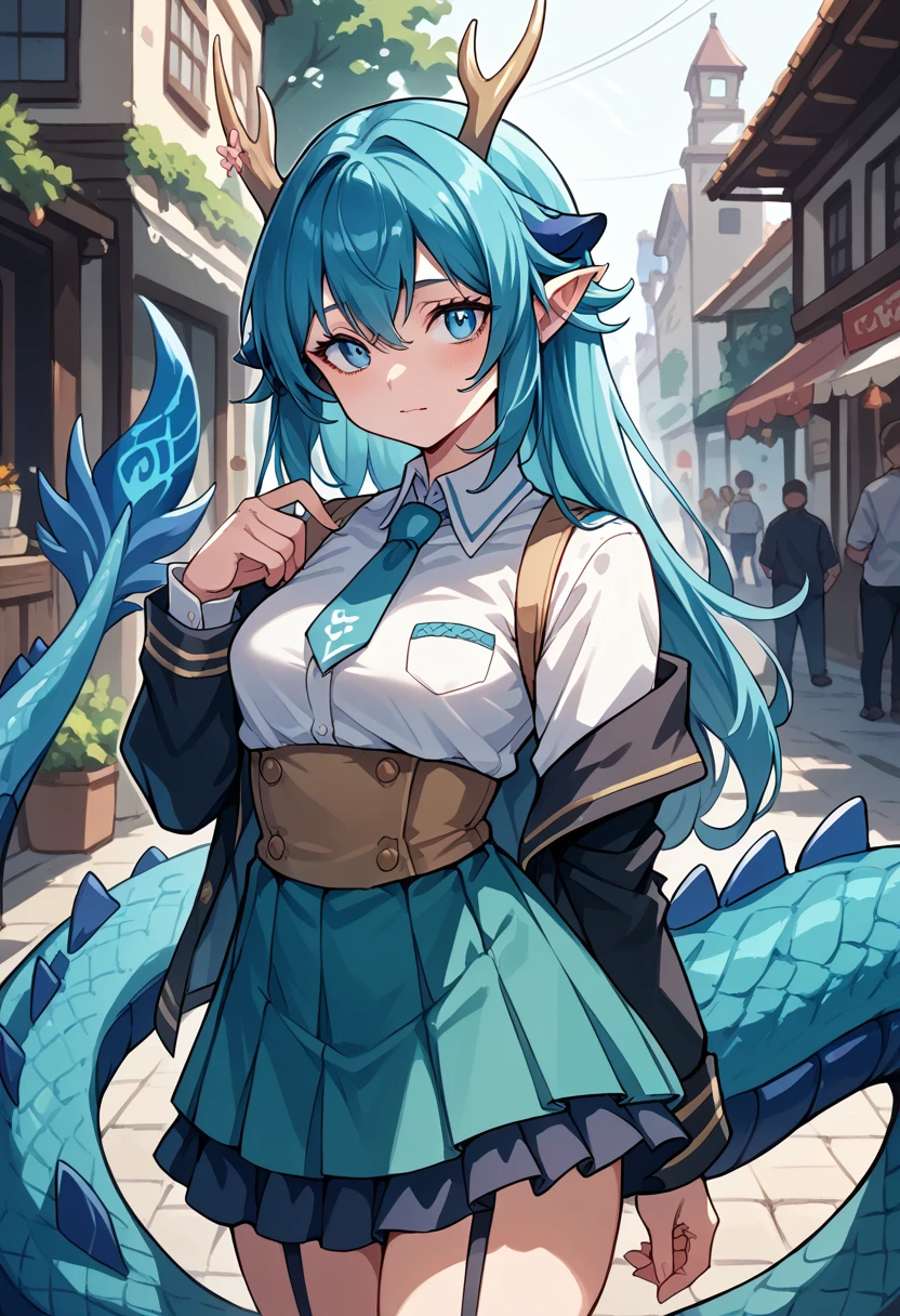 A blue dragon girl smiles with a lot of stones. 