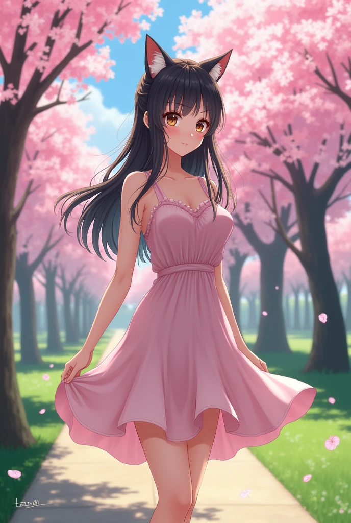 anime Beautiful female college student Cute Cat face slender Waistline D Cup Pastel dress University Campus Japanese