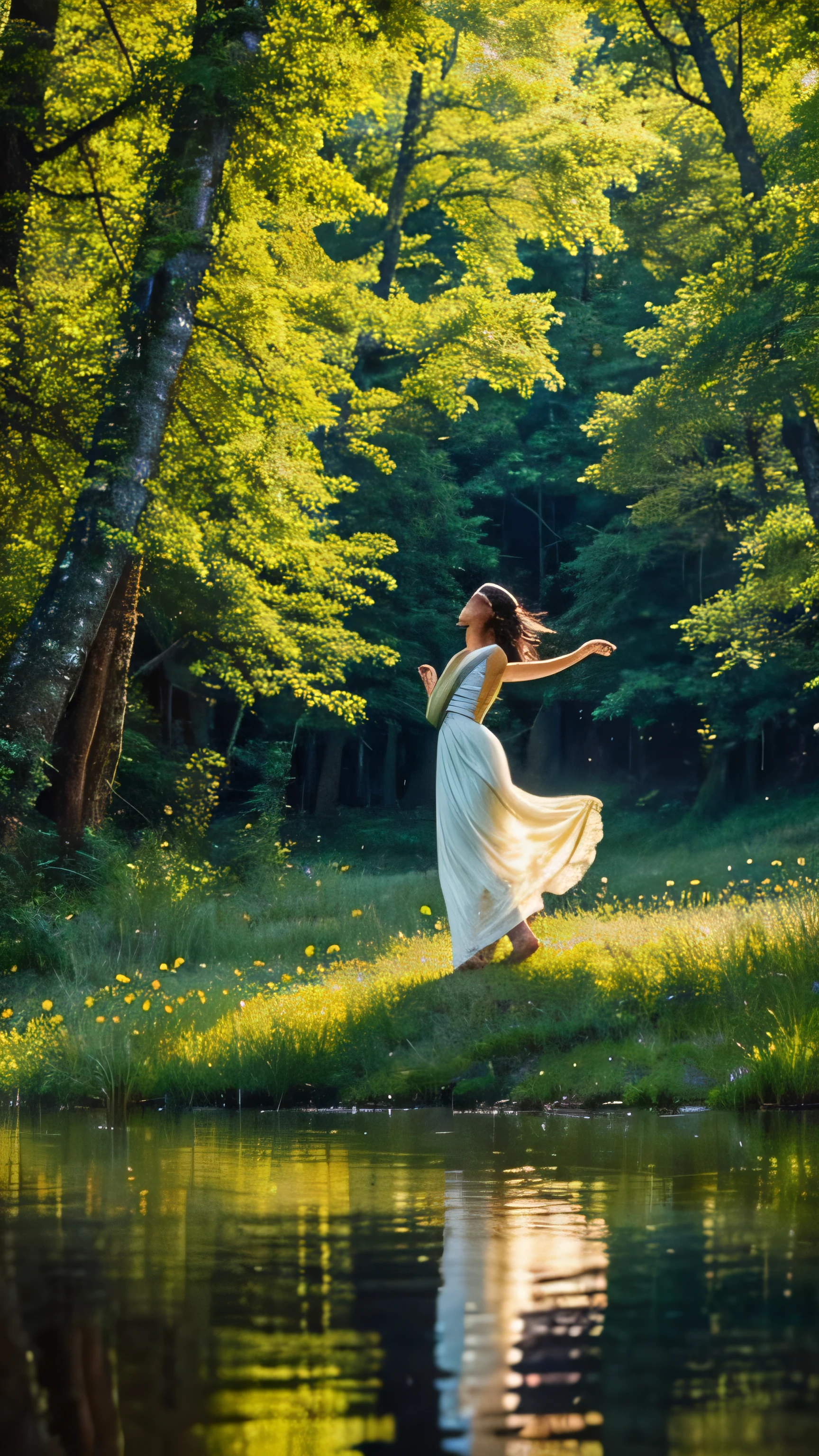 In a lush, verdant forest, where the sun’s golden rays filtered through a canopy of emerald leaves, a small, vibrant bird named Solia took flight. Her feathers shimmered with hues of azure and gold, catching the sunlight as she soared upward. The forest below was a mosaic of vibrant greens, with wildflowers speckling the ground in bursts of color.As Solia ascended, she glided over a tranquil lake, its surface a mirror reflecting the azure sky and the fluffy clouds drifting lazily by. The air was filled with the gentle hum of bees and the distant song of a river meandering through the woods. Occasionally, Solia would dip low, skimming the lake's surface, her reflection mingling with the ripples.Beyond the lake, the landscape opened into a meadow, a sea of wildflowers swaying in the gentle breeze. Solia twirled through the meadow, the fragrance of blooming flowers enveloping her. She danced among the petals, her flight a graceful ballet as she weaved between towering sunflowers and delicate daisies.Continuing her journey, Solia reached the edge of a majestic mountain range. The peaks, crowned with glistening snow, stood in stark contrast to the rich greens of the valleys below. She climbed higher, embracing the crisp, cool air as she soared among the clouds. From this vantage, she marveled at the patchwork of forests, meadows, and rivers that stretched out below, a testament to the beauty and diversity of her world.As dusk approached, the sky transformed into a canvas of warm oranges and purples. Solia, her heart full of the day's wonders, began her descent back towards the forest. She glided gently through the twilight, the first stars beginning to twinkle in the deepening sky. Nestling into her cozy nest high in the trees, she closed her eyes, dreaming of the beauty she had witnessed and the adventures yet to come.In her dreams, Solia continued to fly through the ever-changing tapestry of nature, her spirit forever free and unbounded by the limits of the horizon.