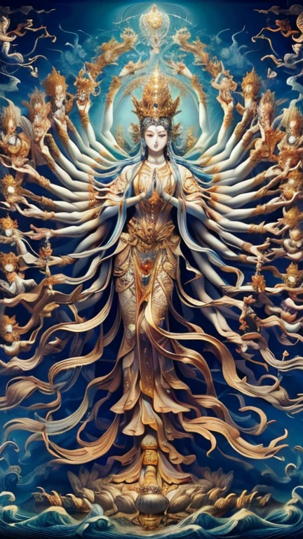 masterpiece,The best quality in the best condition,Ultra-high resolution,8k wallpaper,Symmetrical eyes,wonderful,(Realistically:1.4),1. Giantess,whole body，Thousand-Armed Kannon, Sacred Lighting, Light blue statue ，Body made of water，Android，Countless celestial maidens dance in the sky，Eternal music flows，Light leading to heaven，