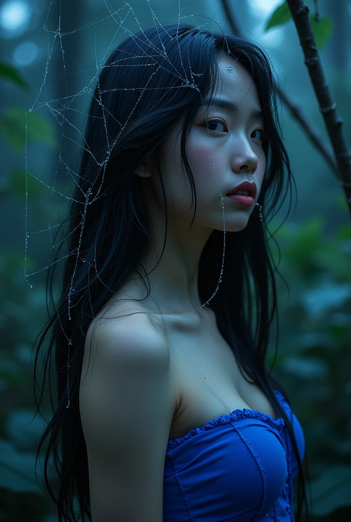 Beutiful asian girl named Ezra, wears blue strapless shirt, webbed up by spider
