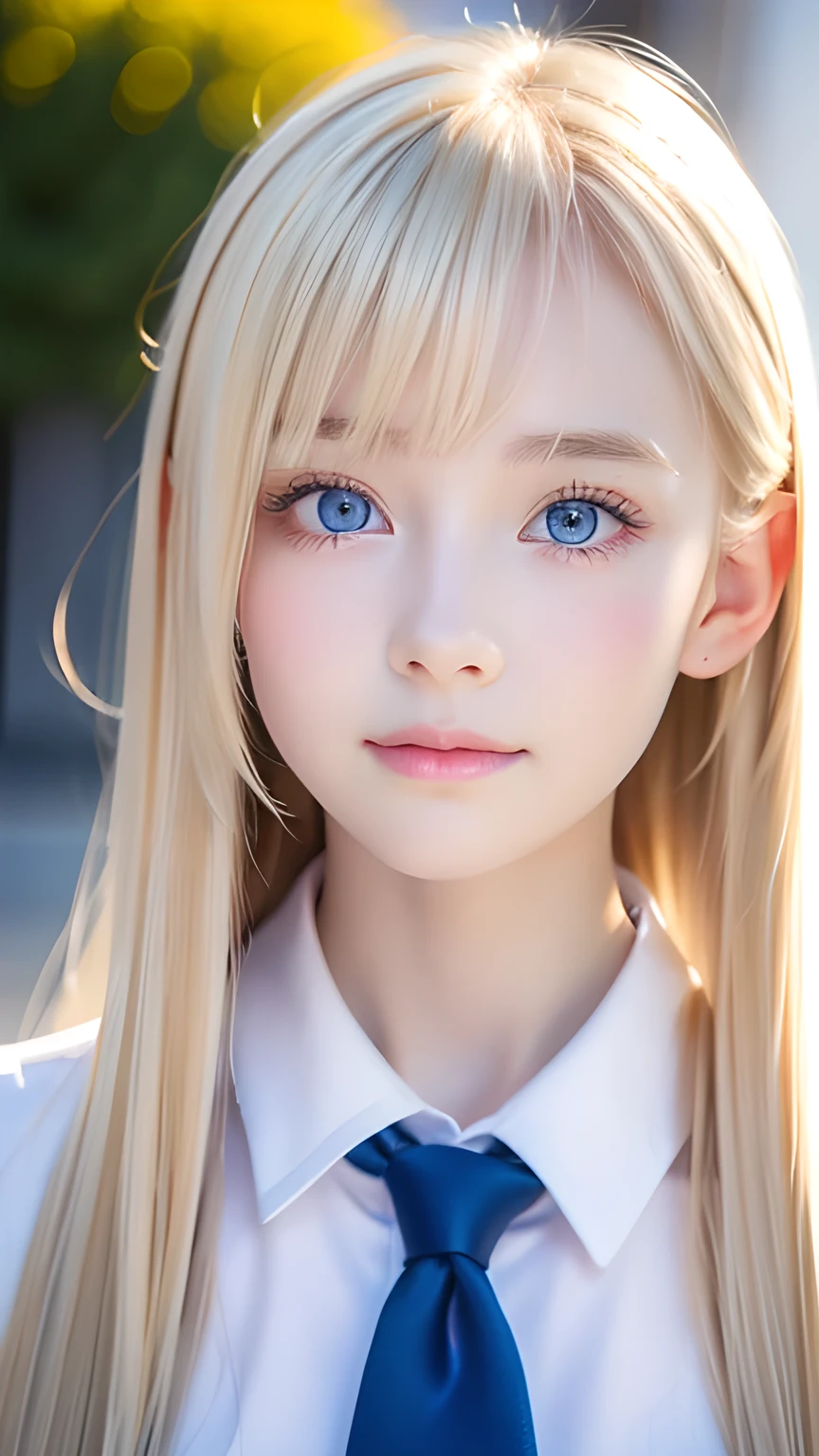 A stunningly beautiful Nordic girl, incredibly pale.、Super long blonde hair, Beautiful and pretty bangs that fall between the eyes、Very beautiful face、Bright expression、Beautiful jewel-like, very large, bright blue eyes, Bright, dazzling natural platinum blonde、Super long straight hair、Eyebrows behind the bangs、school uniform、School uniform、Textured white skin, High detail, Best Quality, 4K high resolution、Glowing Skin、Small Face Beauty、Round face