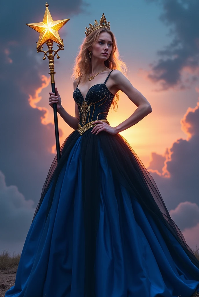 A woman is wearing a dress, standing, her chest is gold. A y skirt, black to blue, with a golden crown, holding a gold star-shaped staff. There is a voluminous belt at the back of the dress