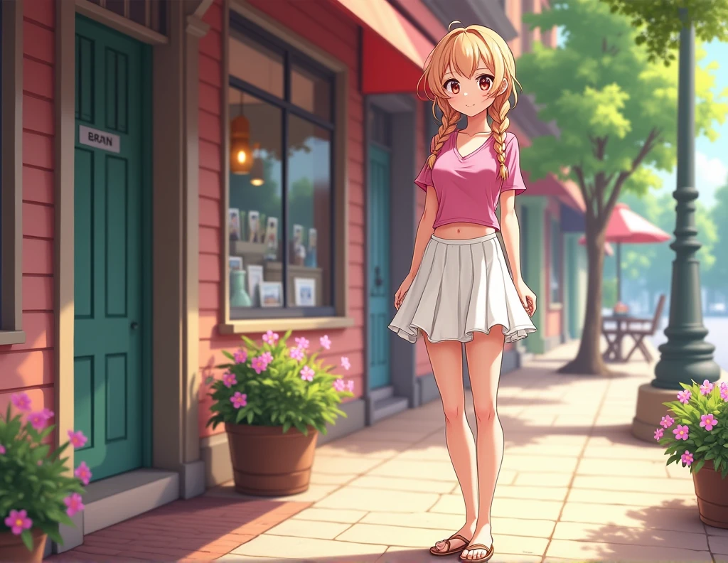 beautiful adult anime woman, fit, long strawberry blonde braided hair, pink short sleeve v-neck t-shirt, white ruffled skirt, sandals, waiting outside store, standing, sunny day