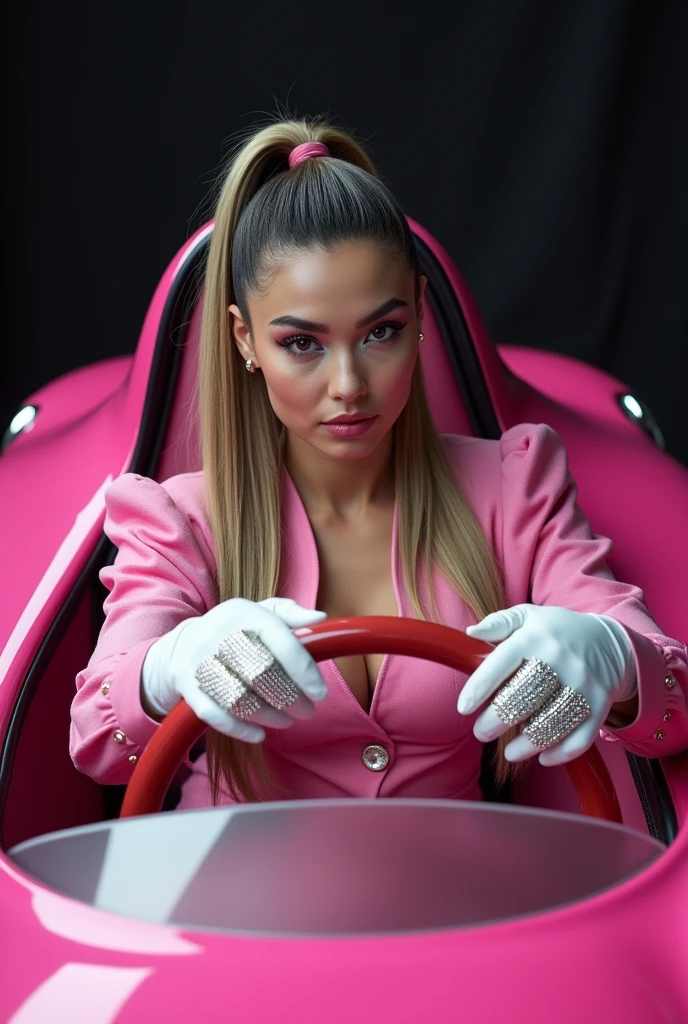 Garota com cabelo grande liso blackw e loiro ( He is tied up) She's wearing a pink blouse with large white gloves and a short skirt, inside a futuristic pink car. She's wearing luxury rings on her fingers. (Silver rings) She is holding the car's steering wheel
Background: blackw 