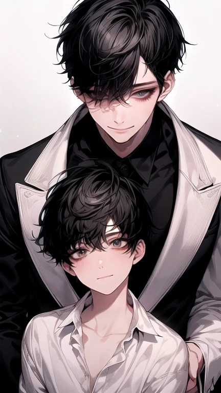 (Masterpiece), (High Quality), Very detailed, (( a couple guy)), Perfect Face, Beautiful Face, Very detail, (short Black-haired man), (short white-haired man)、white shirt, open shirt and black suit, chocolate, long eyelashes, shining, effection, smile, teased, 