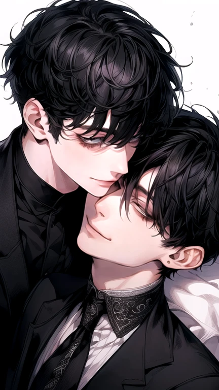 (Masterpiece), (High Quality), Very detailed, (( a couple guy)), Perfect Face, Beautiful Face, Very detail, (short Black-haired man), (short white-haired man)、white shirt, open shirt and black suit, chocolate, long eyelashes, shining, effection, smile, teased,