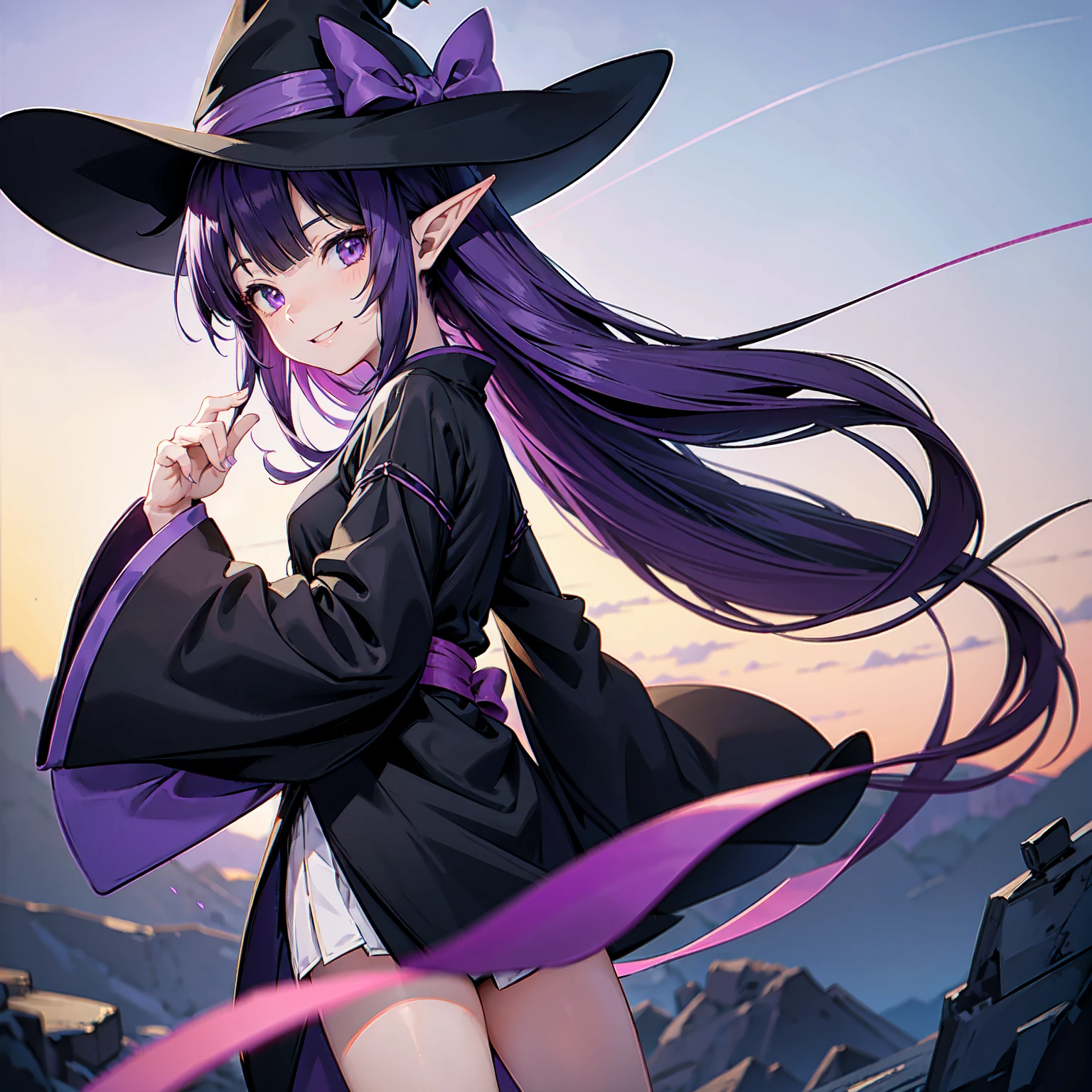 Close-up of a girl. Purple hair. A girl with long purple hair. Kind full smile. Pointy elf ears. Her clothes are simple: a black robe with wide sleeves and a black miniskirt. Her knees stick out. There is a V-shaped white insert in the front, like a kimono. A witch's hat with purple ribbons on each side. Black boots. Looking back. Background: bright picture, Makoto Shinkai, nostalgic, vivid, sunset.