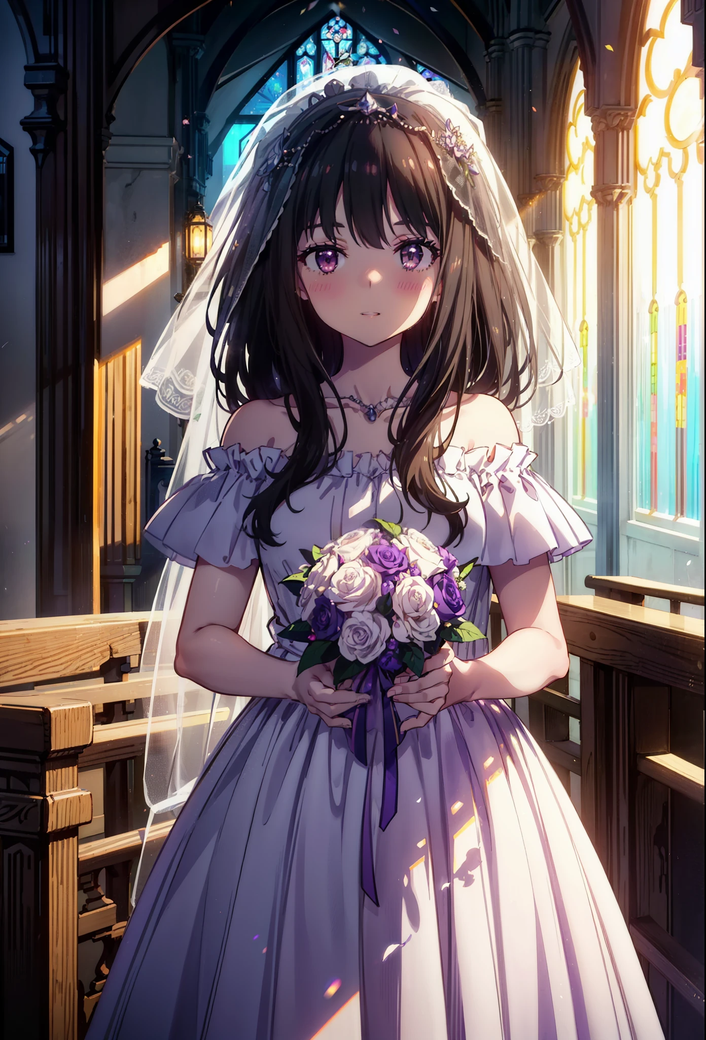 Takiuchikami, Long Hair, bangs, Black Hair, (Purple eyes:1.2),Veil,Off-the-shoulder white wedding dress,necklace,Veil,White Wedding Long Skirt,holding a bouquet of flowers in both hands,smile,blush,It's like being completely immersed in an illustration.,Daytime,sunny,
break indoors, Chapel,church,
break looking at viewer, Upper Body,(Cowboy Shot:1.5),
break (masterpiece:1.2), Highest quality, High resolution, unity 8k wallpaper, (shape:0.8), (Beautiful attention to detail:1.6), Highly detailed face, Perfect lighting, Highly detailed CG, (Perfect hands, Perfect Anatomy),