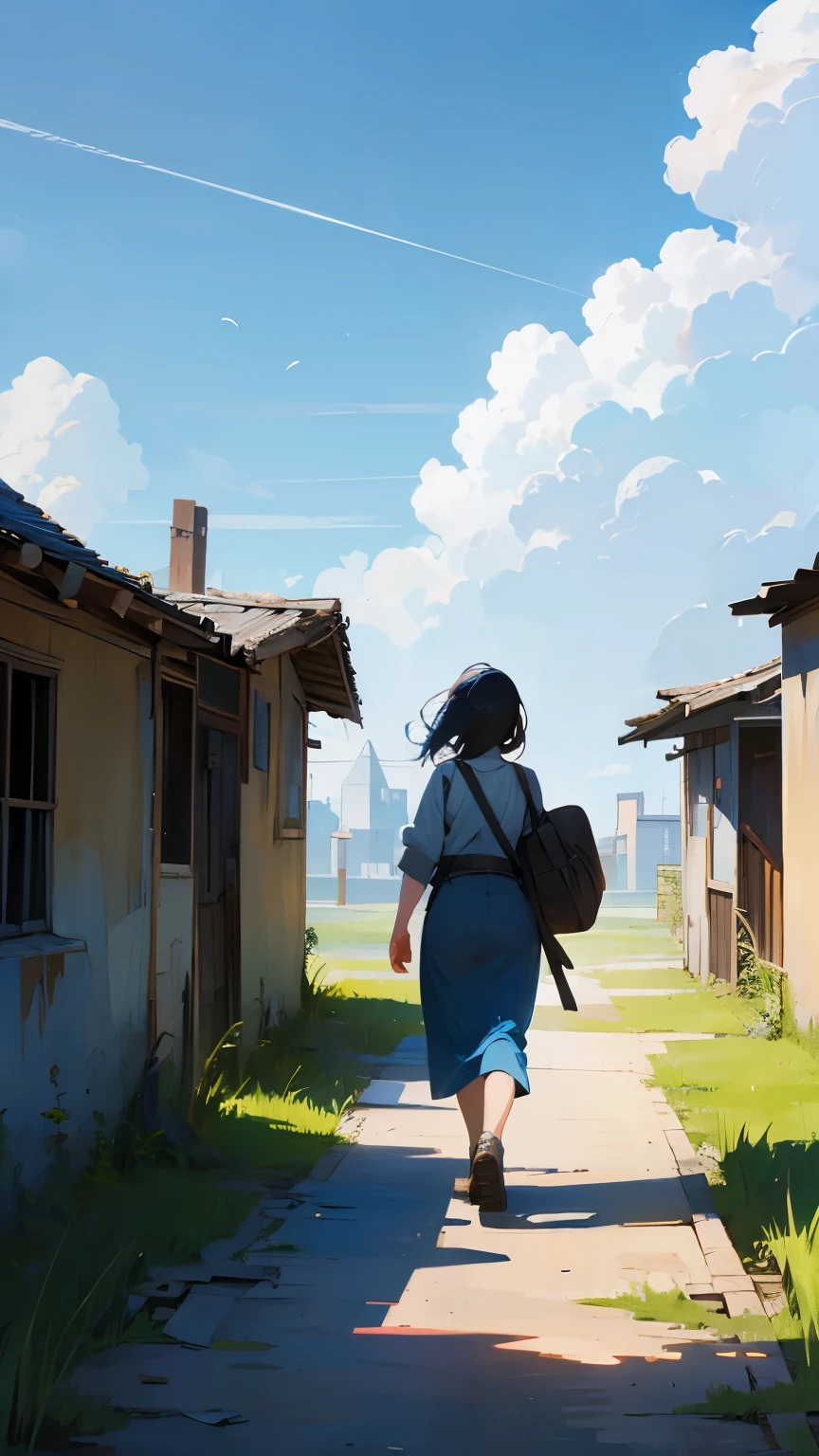 Woman walking through an abandoned village、blue sky