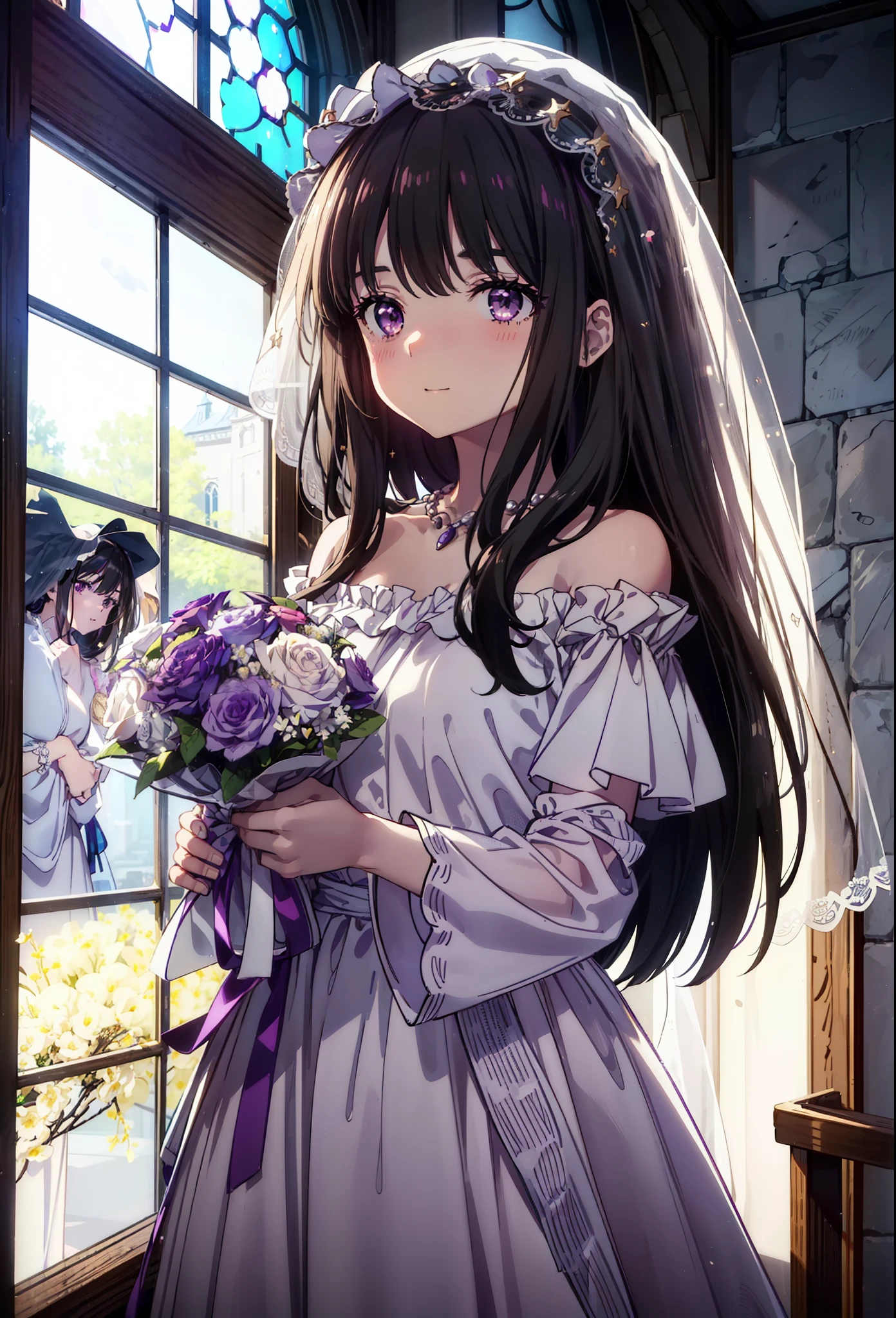 Takiuchikami, Long Hair, bangs, Black Hair, (Purple eyes:1.2),Veil,Off-the-shoulder white wedding dress,necklace,Veil,White Wedding Long Skirt,holding a bouquet of flowers in both hands,smile,blush,It's like being completely immersed in an illustration.,Daytime,sunny,
break indoors, Chapel,church,
break looking at viewer, Upper Body,(Cowboy Shot:1.5),
break (masterpiece:1.2), Highest quality, High resolution, unity 8k wallpaper, (shape:0.8), (Beautiful attention to detail:1.6), Highly detailed face, Perfect lighting, Highly detailed CG, (Perfect hands, Perfect Anatomy),