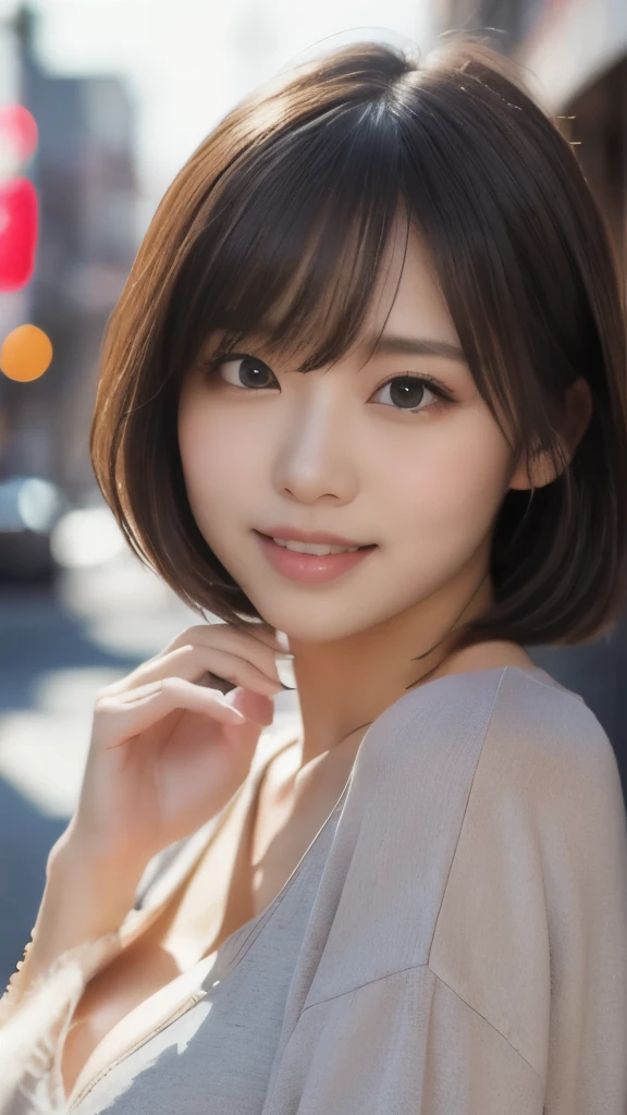 8k,Highest quality,(masterpiece:1.2),(Realistic),(Realistic:1.37),Ultra-high resolution,1 female college student,city,smile,Beautiful Eyes,(((Cute casual clothes))),Big Breasts,Perfect body,Perfect Fingers,Professional Lighting,gravure,Detailed face and skin texture,fine grain,RAW Photos