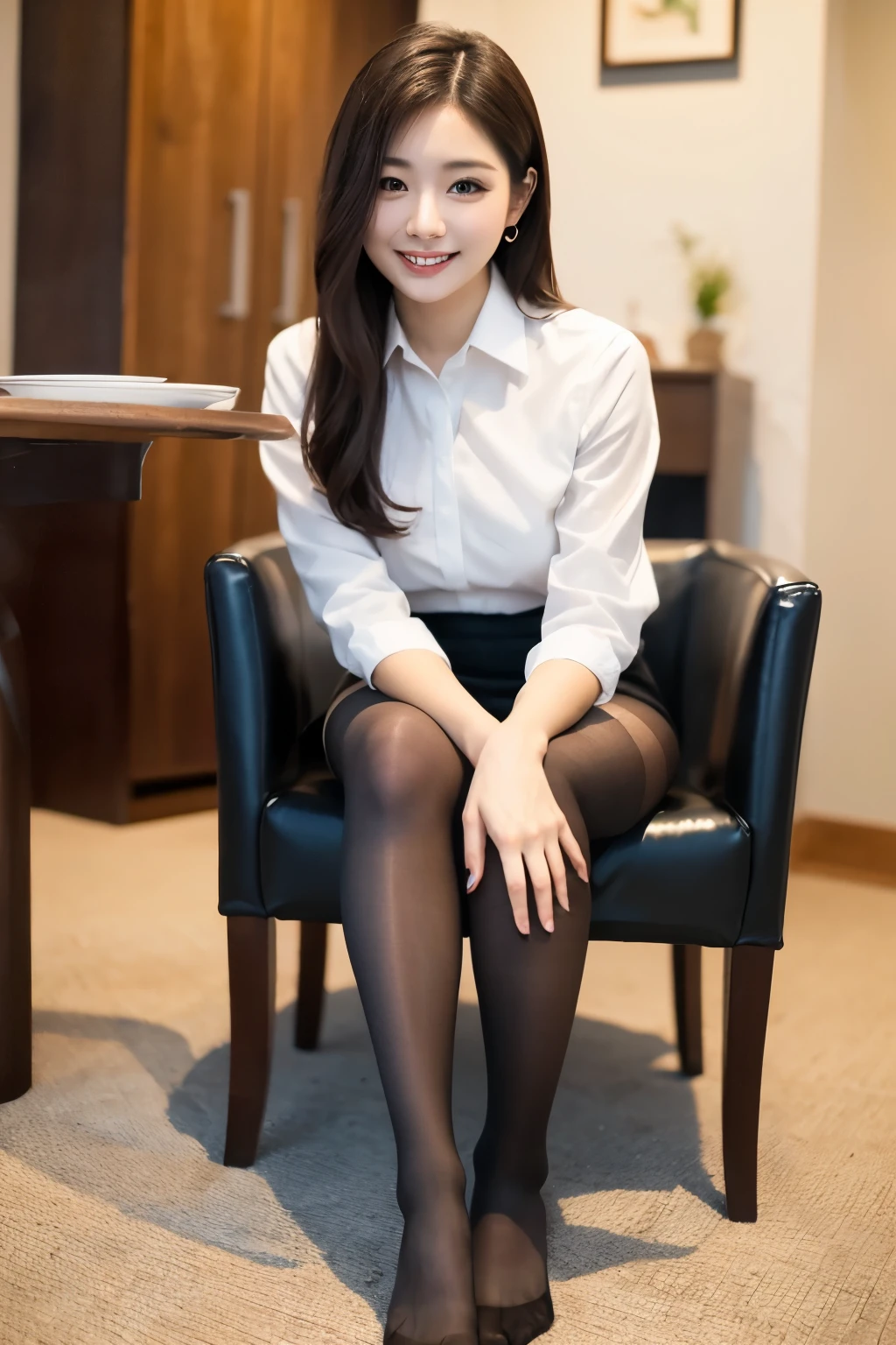 ulzzang-6500-v1.1, (RAW Photos:1.2), (Realistic Photo), Beautiful girl with great attention to detail, (Realistic:1.4), Beautiful eye and face with High Detail, Beautiful eye with High Detail, Japanese , , (Ultra Realistic Pantyhose:1.3), No shoes, Sit on a chair, (Ultra Realistic pantyhose:1. 2), No shoes, Toes, Sit on a chair, Huge file sizes, High resolution, very detailed, Highest quality, [masterpiece:1. 6], shape, very detailed, Hmph, detailed, Highest quality, 8k wallpaper, Cinema Lighting, one person&#39;s, , Perfect shape, タレeyeかわいい, 大きく美しいeye, eye , (( masterpiece)), Highest quality, 1 person, eye shadow, ((Full Body Shot:1.2)), Skirts and pantyhose、Grin、