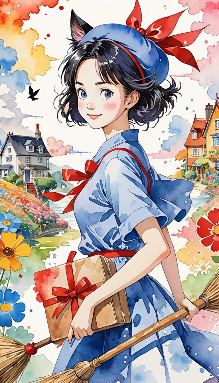 Takashi Murakami Style、(((conservative fashion))), 8K Quality、Intense watercolor, Detailed watercolor art, Watercolor splash, Surreal, avant-garde pop art, Beautiful and expressive paintings, Beautiful artwork illustration, Very colorful tones, wonderful, Cool beauty, highest quality、Official Art, Vector art, Stylish design, (((Kiki's Delivery Service1.9))),(((Studio Ghibli))),(((The most beautiful smiling girl with very large red ribbon on her head1.4))),navy dress,(((a witch on a broom))), (((flying))),(((highest quality))), HDR, ((detailed)), (((Doodle Art)), ((masterpiece)), ((Super detailed)), (((Stylish))), small black cat,