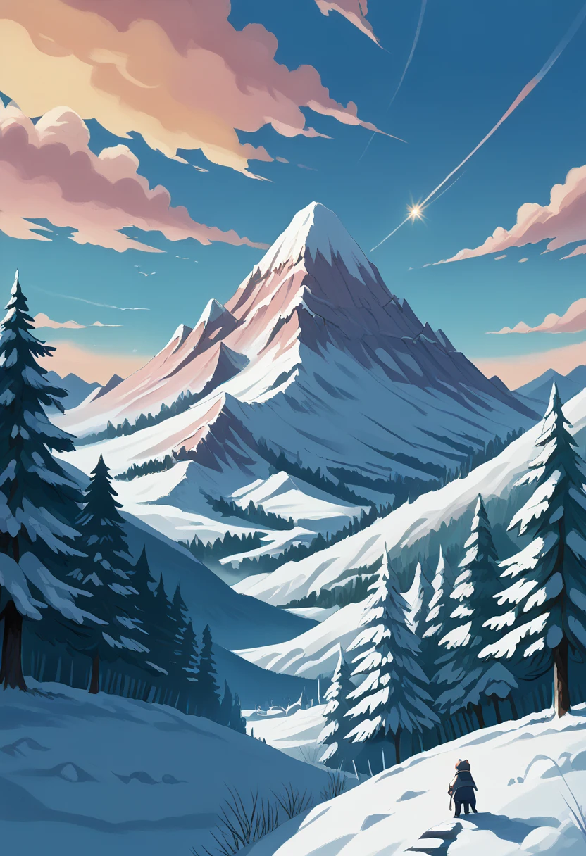 film art, concept art, masterpiece, wide-angle perspective, S-shaped composition, a picture of the mountain scenery from near to far in a cinematic vision, with distinct levels, clear high and low, distant sunset on the top of a snowy mountain, HD texture, distant layered snowy mountains, white clouds,