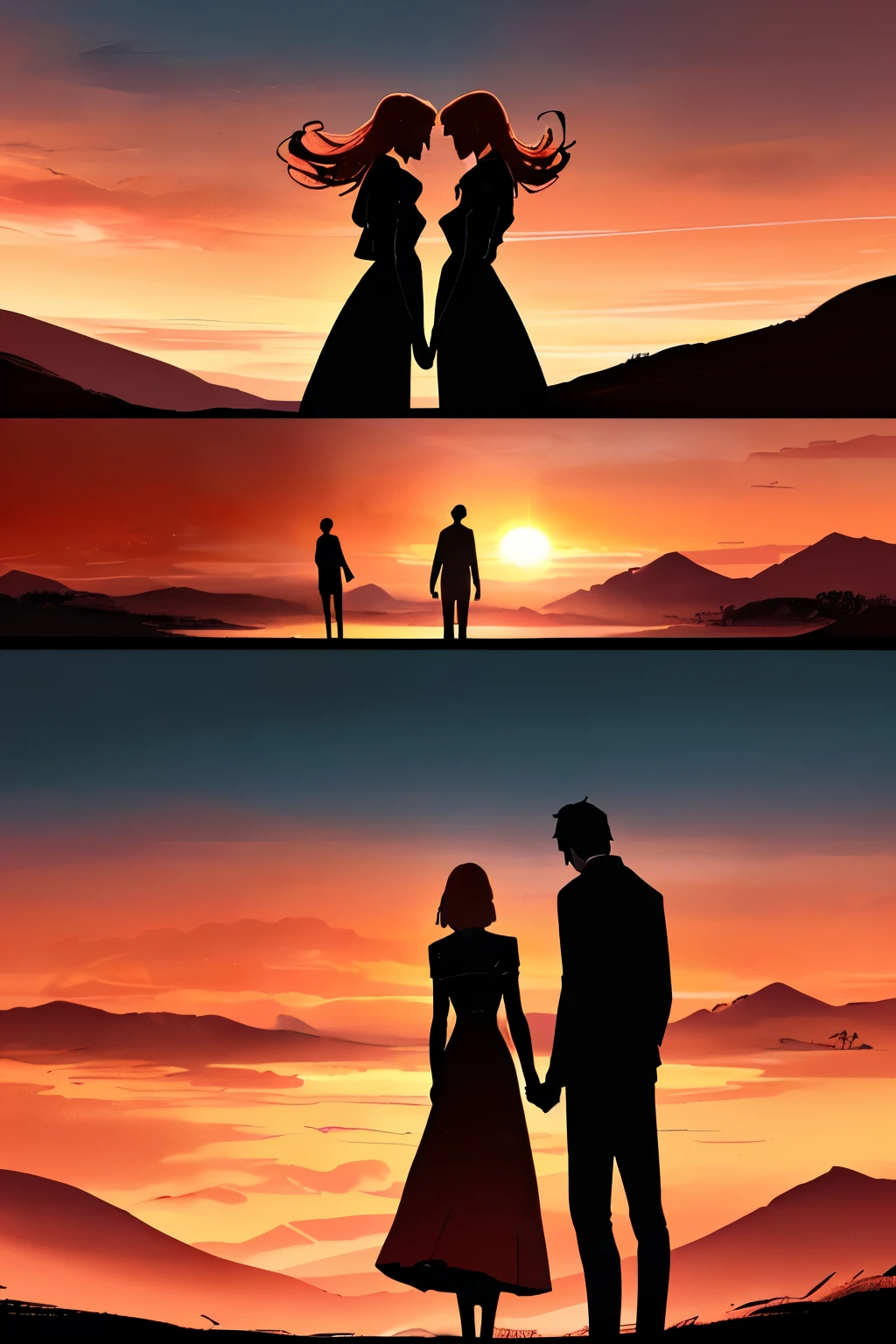 “A dramatic sunset scene with two silhouetted figures, a man and a woman, standing back-to-back, facing away from each other. The sky is filled with vibrant orange, red, and yellow hues, casting a warm glow over the landscape. The figures are positioned on a slight hill, with the setting sun directly between them, creating a sense of distance and emotional tension. The scene should evoke feelings of separation and reflection.”
