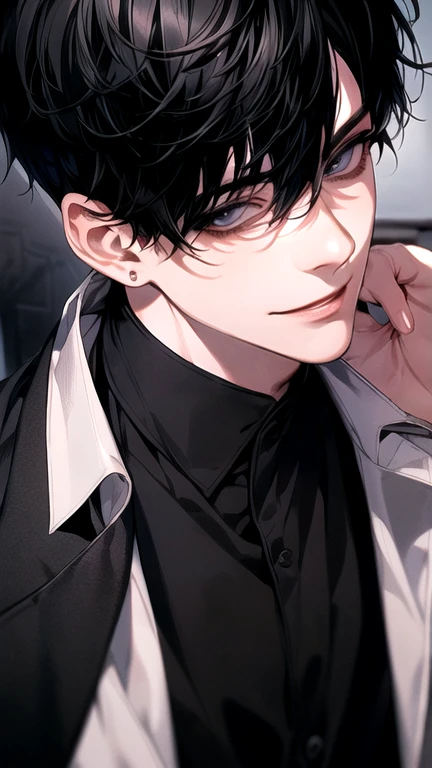 (Masterpiece), (High Quality), Very detailed, (( two guy)), Perfect Face, Beautiful Face, Very detail, (short Black-haired man), (short white-haired man)、white shirt, open shirt and black suit, chocolate, long eyelashes, shining, effection, smile, teased, 