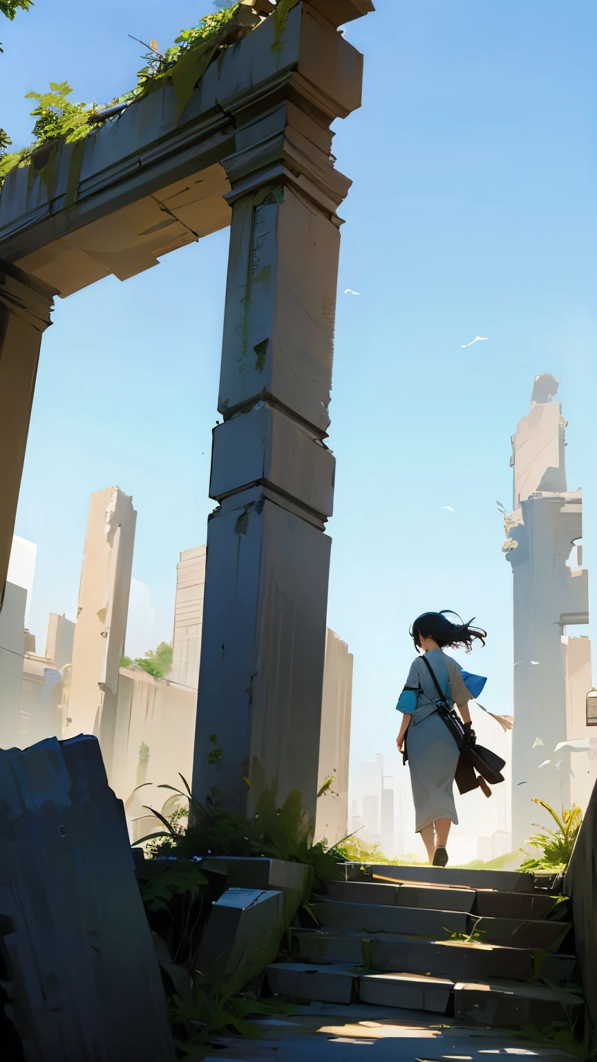 A woman walking through ruins、blue sky