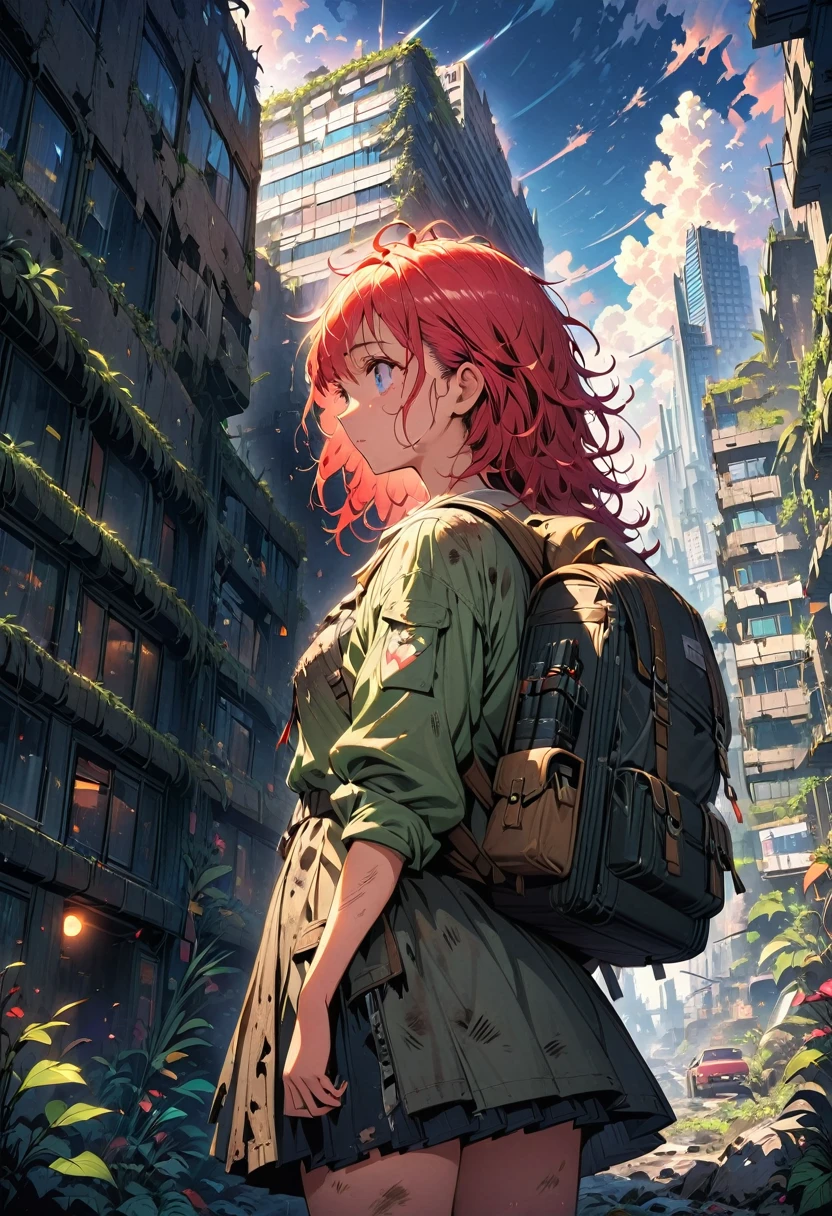 (A girl is looking up at a huge building), (beautiful girl, beautiful profile, beautiful shining eyes, messy hair, dirty tattered clothes, dirty tattered rucksack, survival knife:1.2), devastated futuristic city, city eroded by vegetation, abandoned skyscrapers covered in creeping plant, Discarded cars are covered with plants, civilization and remnants of technology, survival life, post-apocalyptic world, scenery, dark sunset sky, dynamic composition, 
((best quality: 1.2, very detailed, ultra-high resolution, absurdres: 1.3, highres: 1.3, masterpiece: 1.2, top quality, best aesthetic, fine texture, perfect lighting: 1.2, best shadow, sharp focus: 1.3, high contrast, high color saturation)), (anatomically correct, perfect hands: 1.2), (professional photography:1.2), cowboy shot, from below, cinematic lighting, anime style, 