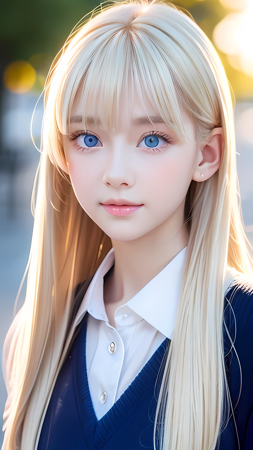 A stunningly beautiful Nordic girl, incredibly pale.、Super long blonde hair, Beautiful and pretty bangs that fall between the eyes、Very beautiful face、Bright expression、Very large, bright azure eyes that are as beautiful as gemstones., Bright, dazzling natural platinum blonde、Super long straight hair、Eyebrows behind the bangs、school uniform、School uniform、Textured white skin, High detail, Best Quality, 4K high resolution、Glowing Skin、Small Face Beauty、Round face