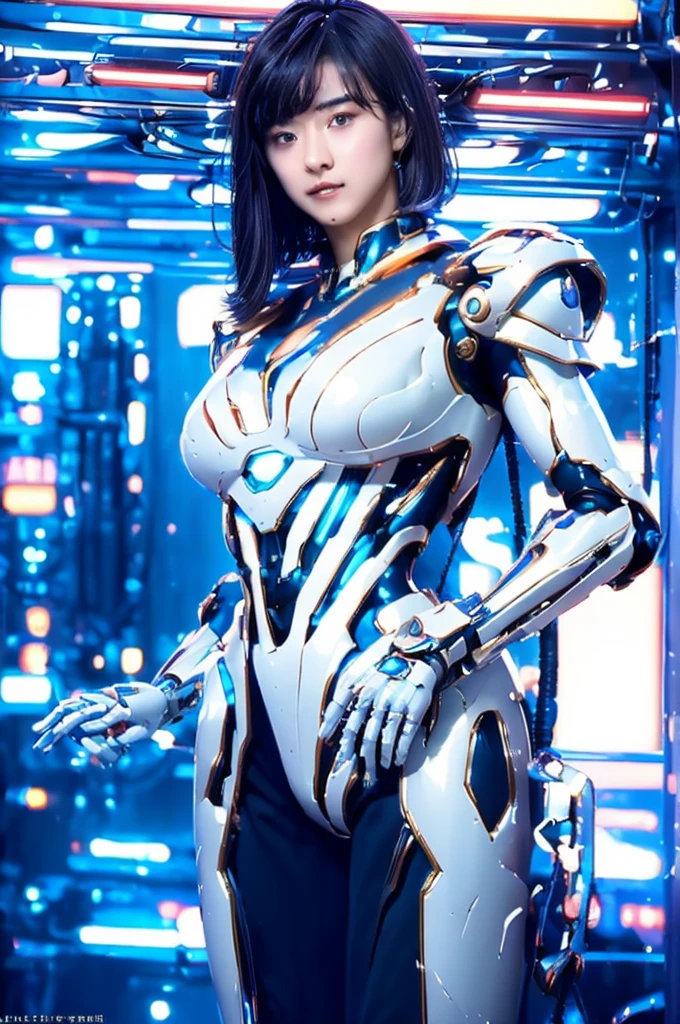 Highest quality, masterpiece, figure, (Realistic, photo-Realistic:1.37), wonderful, In detail, Incredibly absurd, Large file size, Very detailed, High resolution, Very detailed CG Unity 8k wallpaper, Very detailed目と顔, Ray Tracing, Browsing Caution, NUDE, One girl, Korean cyborg girl is innocent and young々Has a sly expression. She poses boldly with her arms raised above her head, Revealing her voluptuous figure. She is wearing a small black mecha armor top that barely covers her breasts., Exposing most of her flawless skin. Her shoulders and head have more armor detailing.、There are shining highlights, Tech Panels and Mechanisms. She is standing against a futuristic cityscape lit up with vibrant neon lights.、Standing full of energy。.
