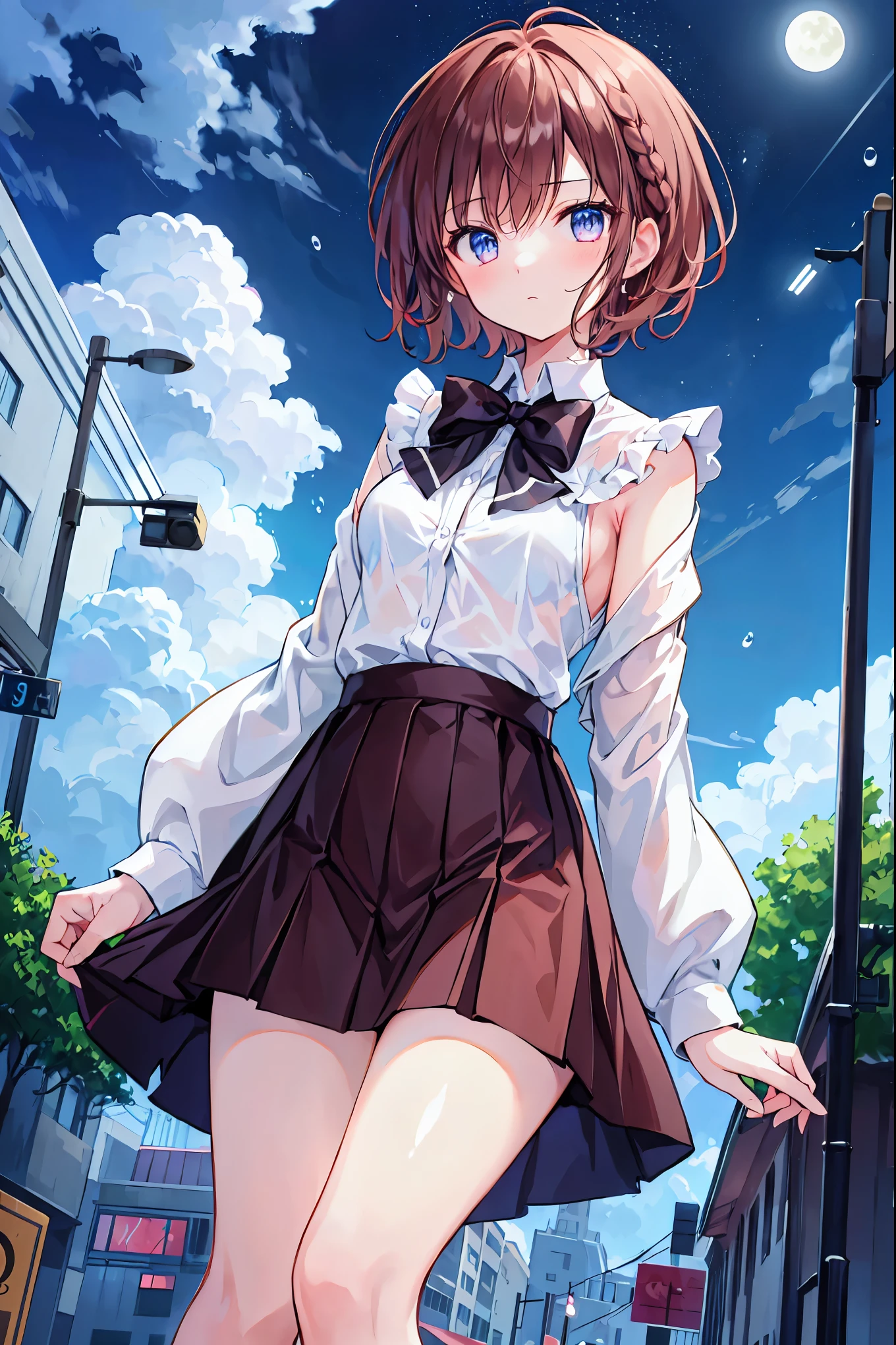 Tabletop, White blouse,cardigan,Tight Skirt,Highest quality,figure, wallpaper, Super detailed, Absurd, One Girl, alone, (Medium Short Hair、Short braided hair), Beautiful attention to detail, Rainfall、Water droplets fall、Wet your hair , Look to the side, (street:1.5), Cloudy、Distant Moon,Small breasts,Flat chest,Brown Hair,Shortcuts,Messy Hair,Slender beauty,Beautiful feet,Armpits are visible