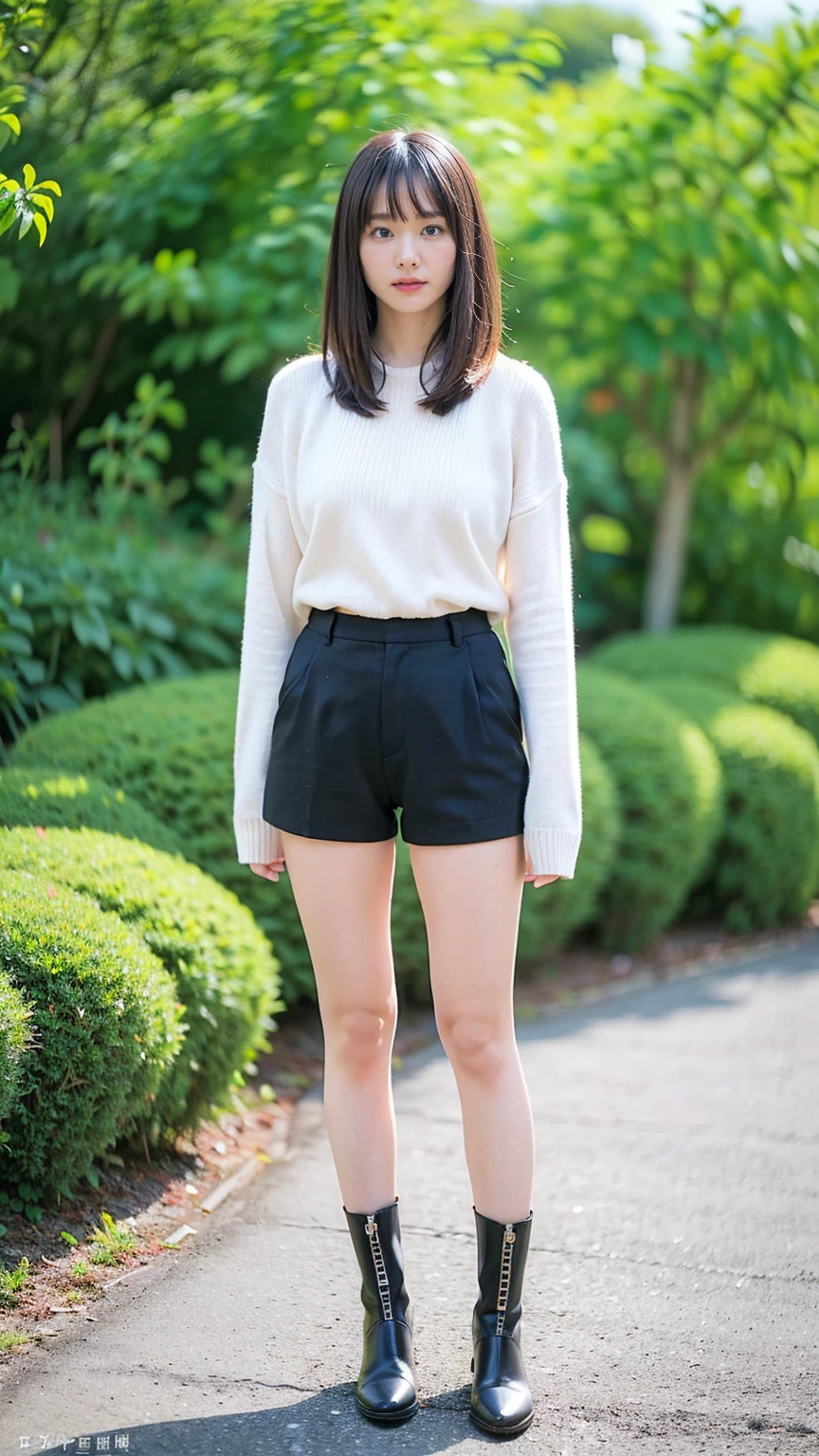 (8k、RAW Photos、Highest quality、masterpiece:1.2)、(Realistic、Realistic)、1 person、((White sweater、Black shorts、Medium Hair、garden、garden、Breast enlargement、boots、cool、Thin legs、whole body、View from the front、Looking into the camera、Stand with hands on hips))、cute