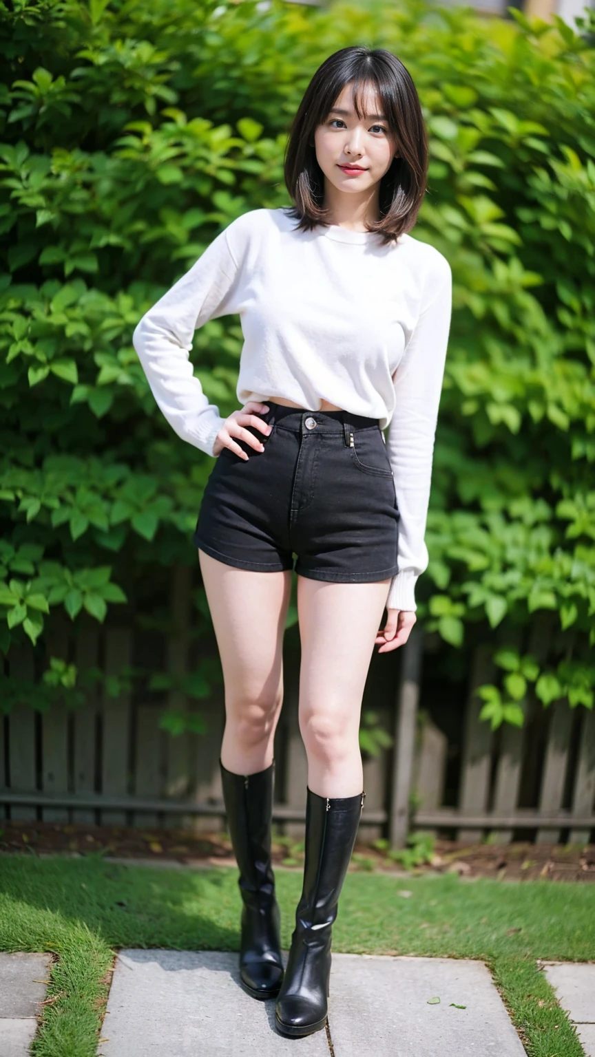 (8k、RAW Photos、Highest quality、masterpiece:1.2)、(Realistic、Realistic)、1 person、((White sweater、Black shorts、Medium Hair、garden、garden、Breast enlargement、boots、cool、Thin legs、whole body、View from the front、Looking into the camera、Stand with hands on hips))、cute