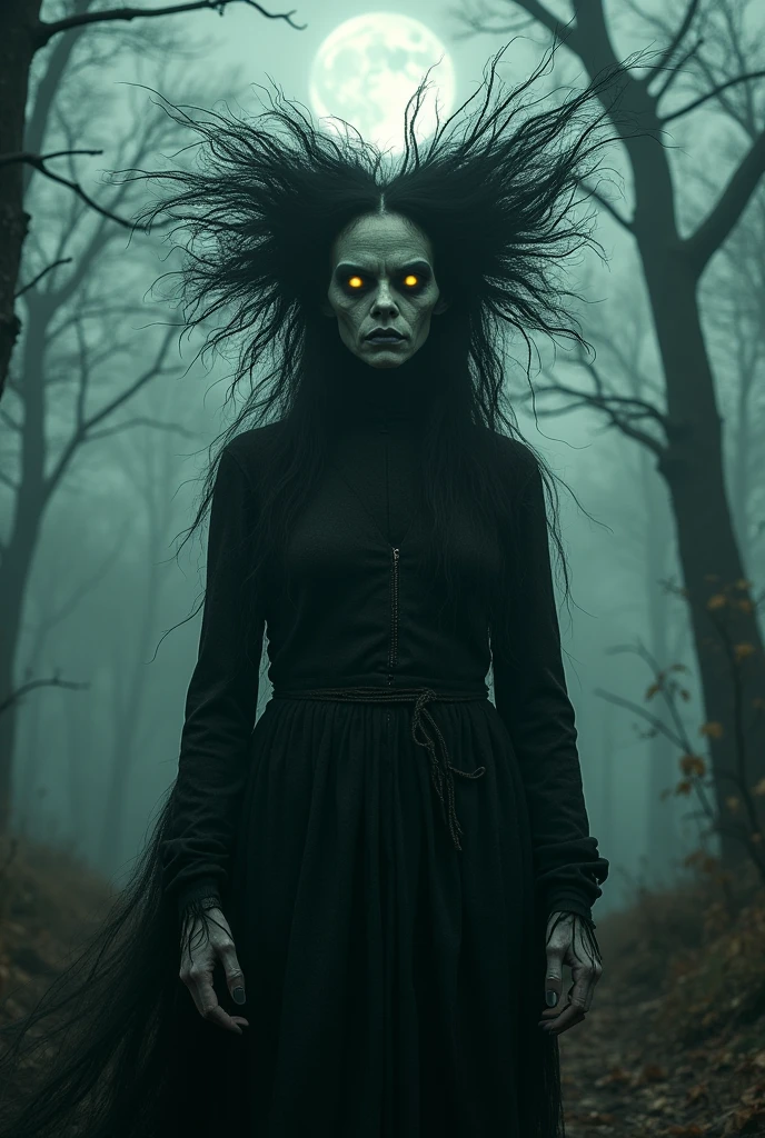 Two headed scary witch human monster with yellow glowing eyes