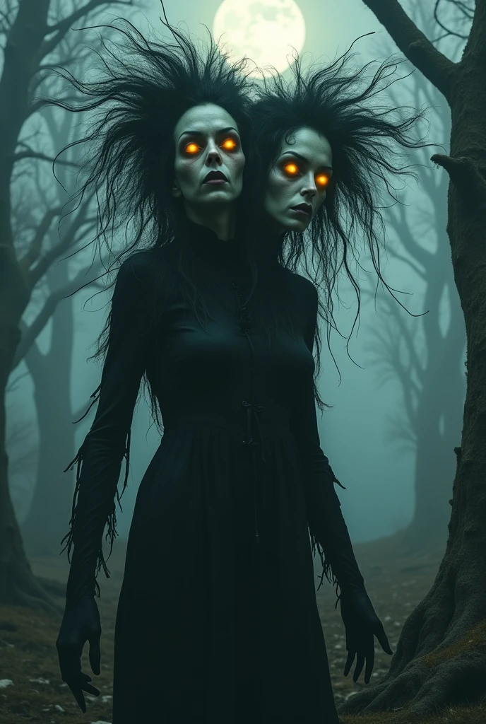 Two headed scary witch human monster with yellow glowing eyes