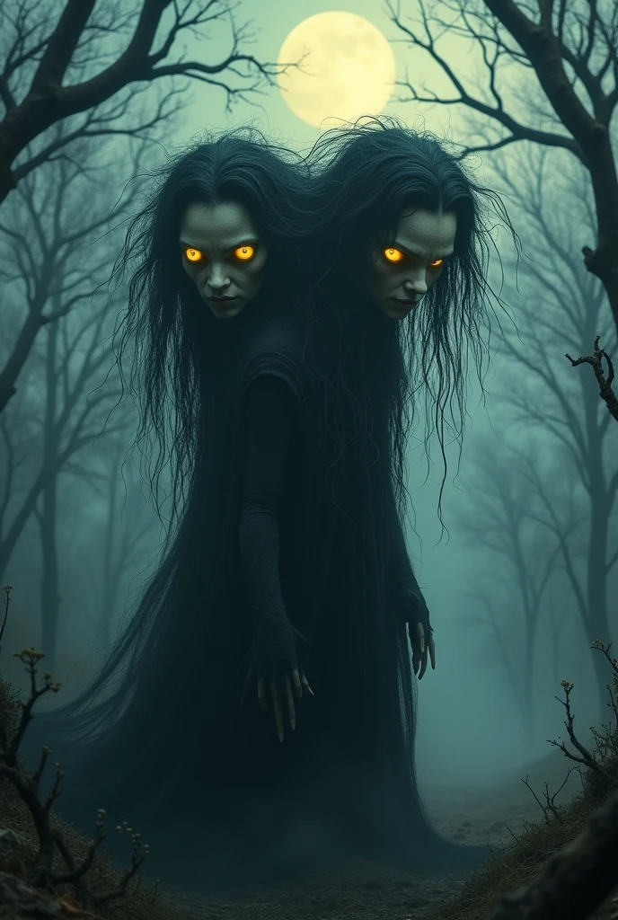 Two headed scary witch human monster with yellow glowing eyes