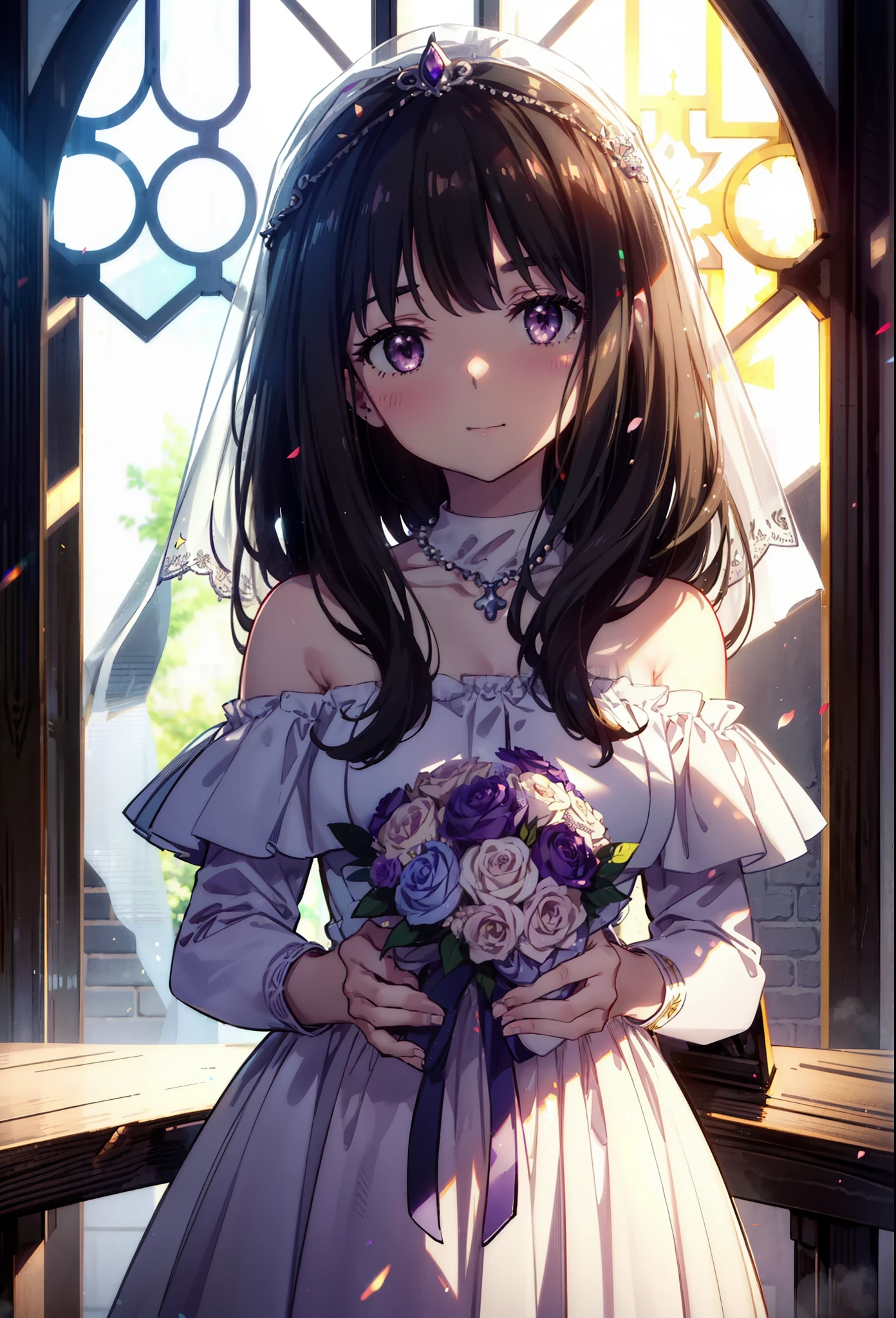 Takiuchikami, Long Hair, bangs, Black Hair, (Purple eyes:1.2),Veil,Off-the-shoulder white wedding dress,necklace,Veil,White Wedding Long Skirt,holding a bouquet of flowers in both hands,smile,blush,It's like being completely immersed in an illustration.,Daytime,sunny,
break indoors, Chapel,church,
break looking at viewer, Upper Body,(Cowboy Shot:1.5),
break (masterpiece:1.2), Highest quality, High resolution, unity 8k wallpaper, (shape:0.8), (Beautiful attention to detail:1.6), Highly detailed face, Perfect lighting, Highly detailed CG, (Perfect hands, Perfect Anatomy),